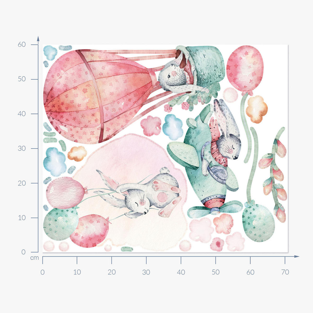 WANDAUFKLEBER 60x71cm - Hasen am Himmel - Multicolor, Kunststoff (60/71/0.1cm) - Wallfluent