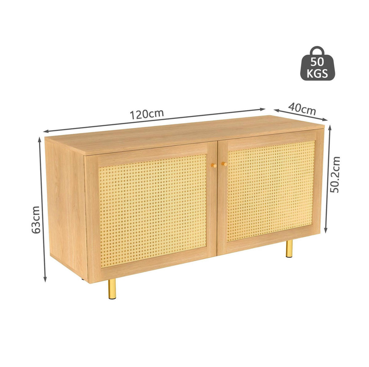 PŘÍBORNÍK z MDF 120x63x40 cm přírodní se 2 dvířky, ratanovým výpletem a kovovými nohami - přírodní, kompozitní dřevo (120/63/40cm) - Modfu