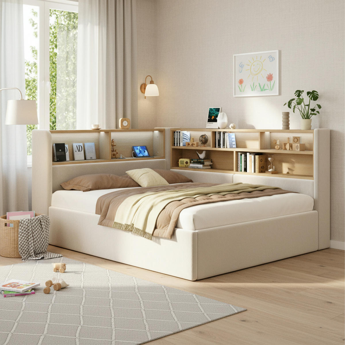 POLSTERBETT 140/190 cm in Beige Samt mit Bettkasten, LED und USB/Type-C - Beige, Holzwerkstoff/Textil (140/190cm) - WISHDOR