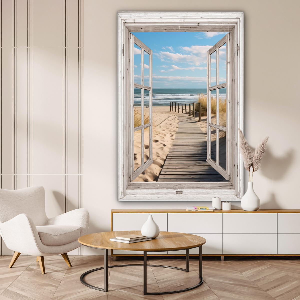 SLIKA NA PLATNU Okno 90x140 cm - bež, tekstil (90/140cm) - MuchoWow
