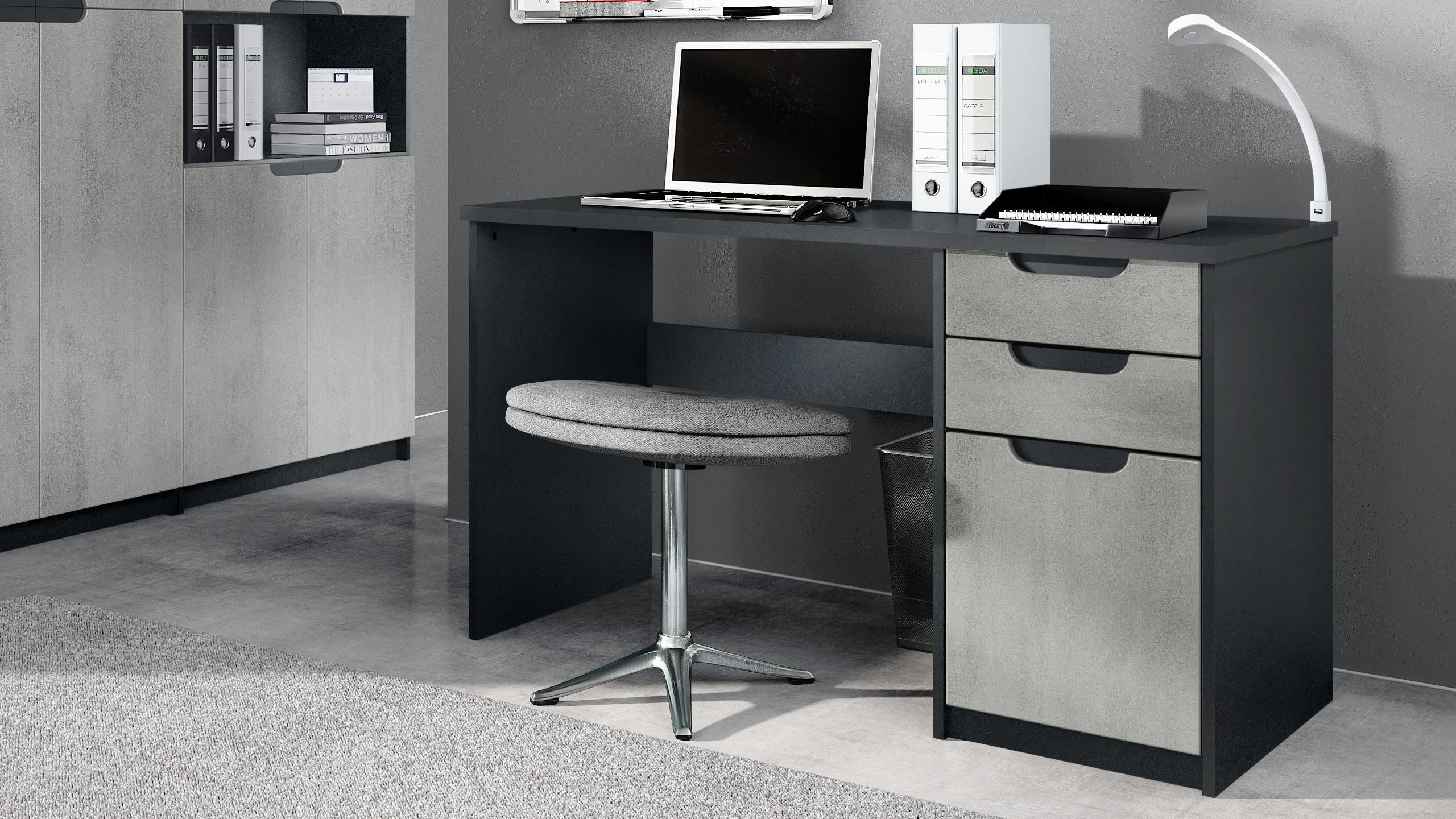 SCHREIBTISCH Logan Fronten in Beton Oxid Optik - Hellgrau, Holzwerkstoff (60/129/76cm) - Vladon