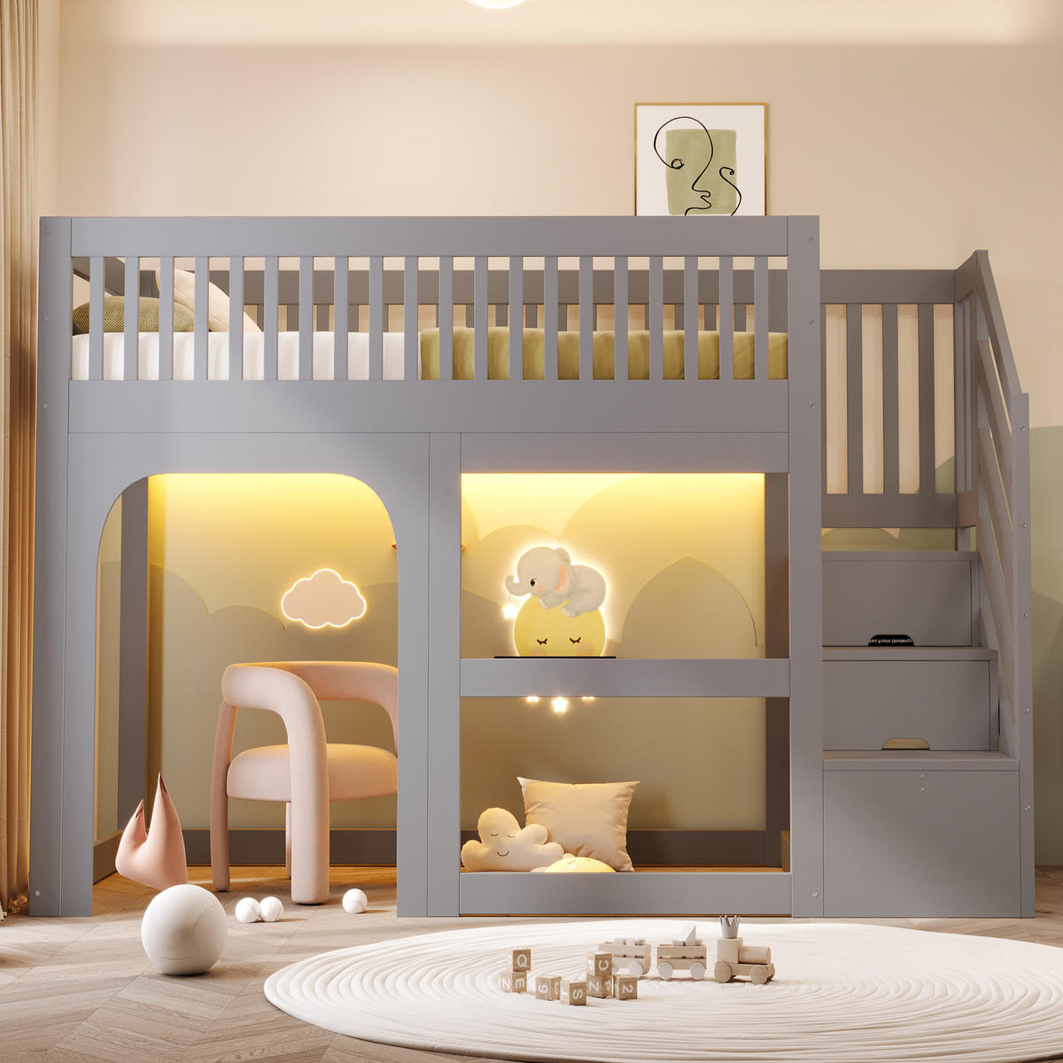 HOCHBETT 90/200 cm mit Stauraum und LED, DE-41584, in Grau - Grau, Holzwerkstoff (90/200cm) - ComfortXL