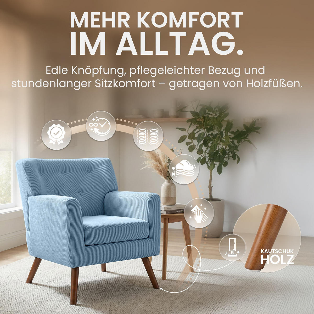 SESSEL Cord Blau - Blau/Braun, Holz/Textil (72/80/74cm) - CLP