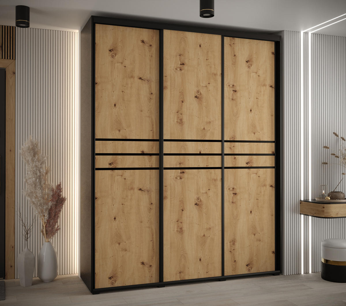 SCHWEBETÜRENSCHRANK 235,2/190/60 3-türig - Schwarz/Eiche Artisan, Holz/Metall (190/235/60cm) - Abiks Möbel