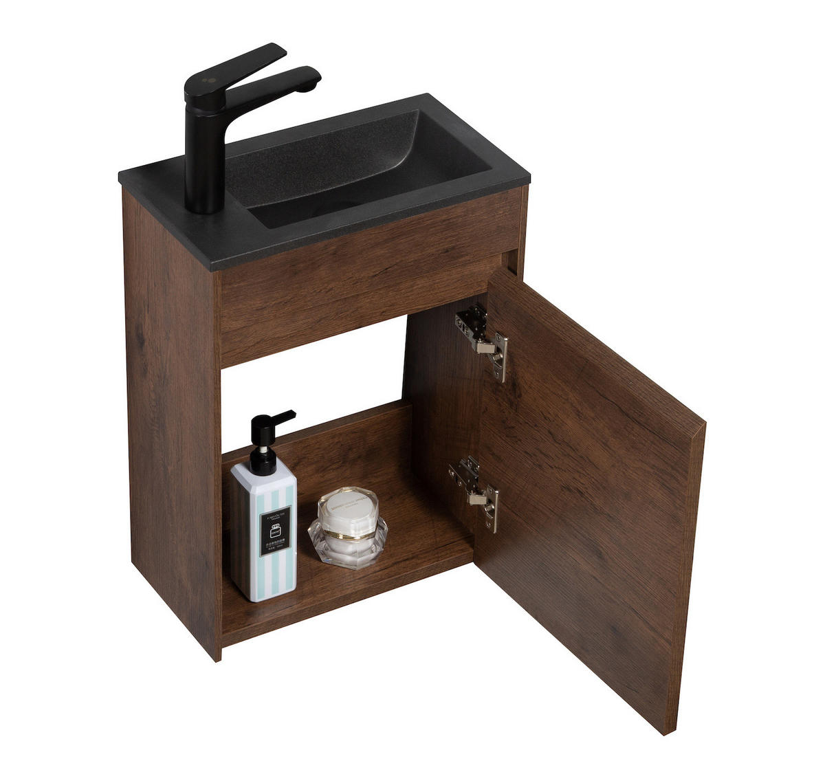 GÄSTE-WC-MÖBELSET Sinta 2 Teile Walnuss Braun - Schwarze Waschbecken - 40 x 22 x 54 cm - Walnussfarben/Schwarz, Holz (40/54/22cm) - Badplaats