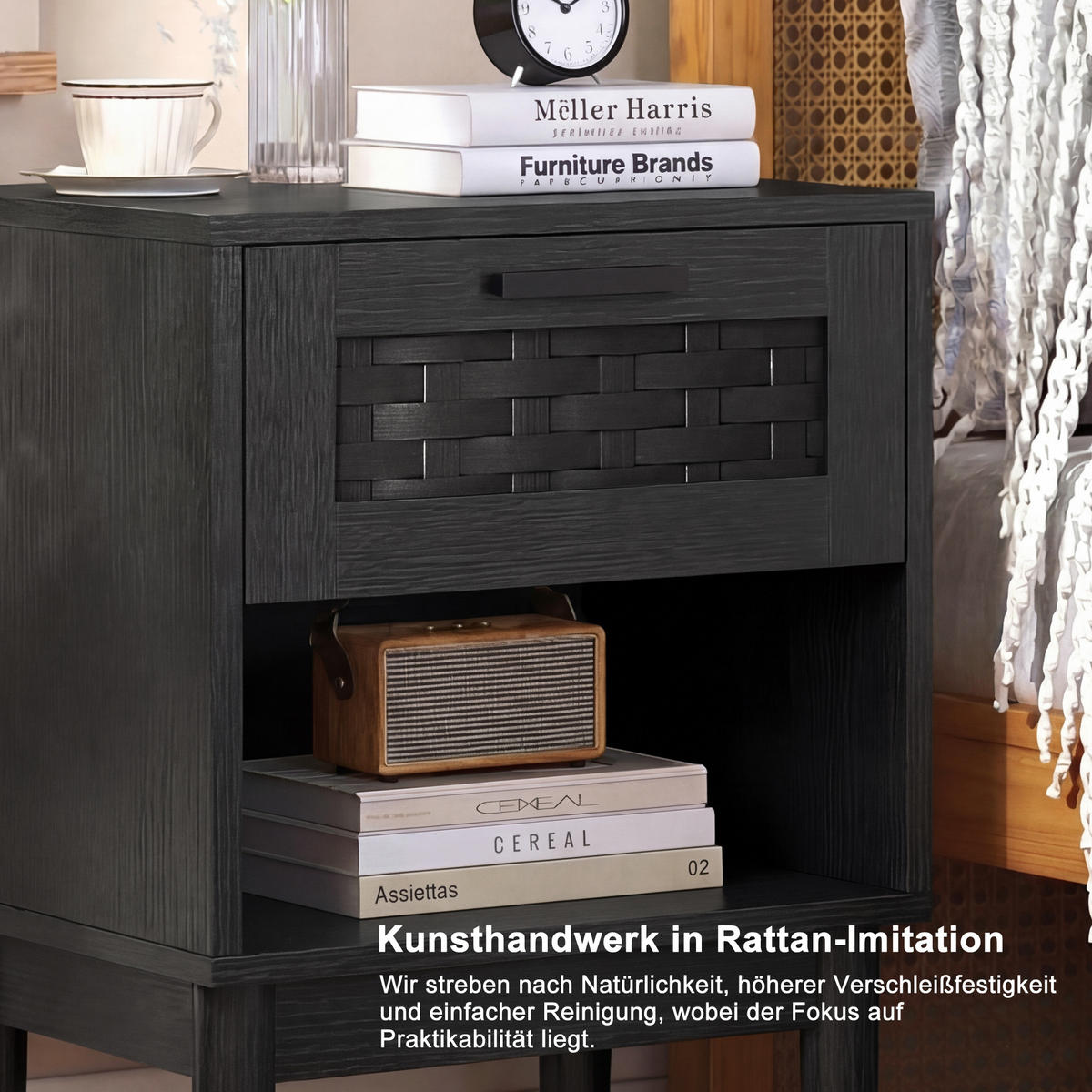 NACHTTISCH 2er Set Holz Rattan Schublade offenes Fach schwarz - Schwarz, Holz (30/55/40cm) - LEBENLANG