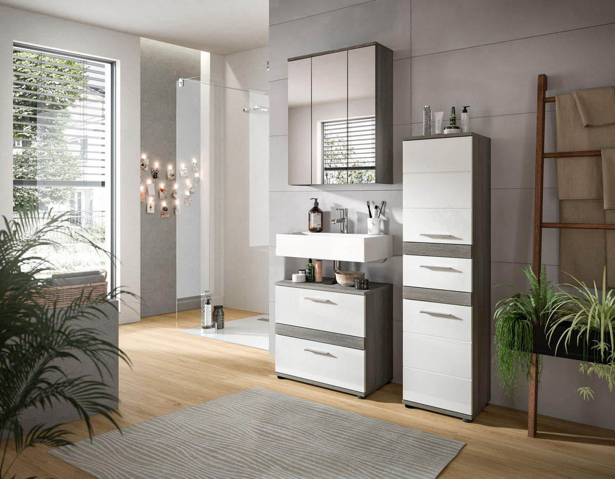 BADKOMBINATION 3tlg. Blake Bad in Rauchsilber Nachbildung und weiß hochglanz B/H/T: 110x191x34 cm - Anthrazit, Holz (110/191/34cm)