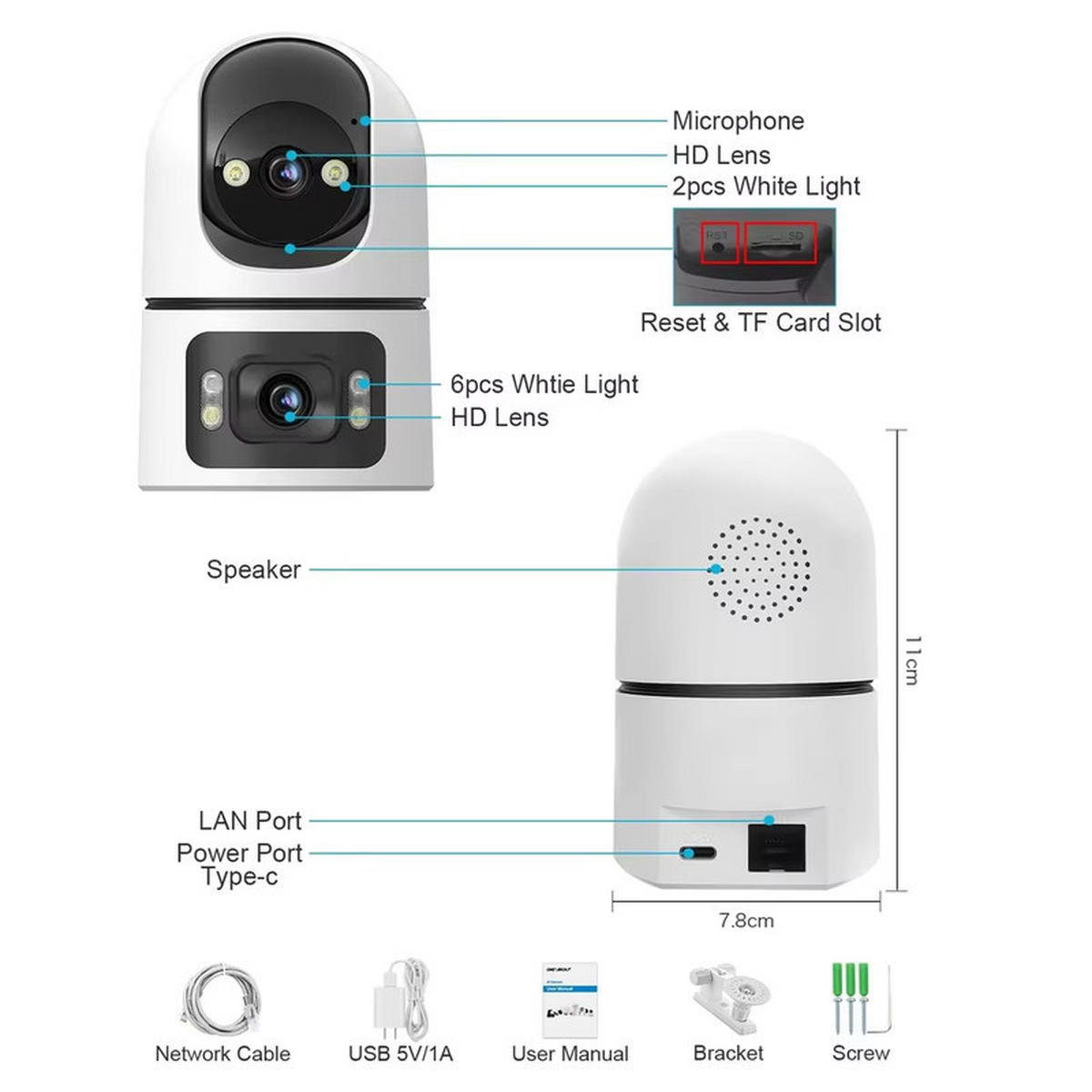 BABYPHONE Dual Lens WiFi Kamera 360° 2.4G 5G Bewegungserkennung Cruise - Weiß, Kunststoff - Kaket