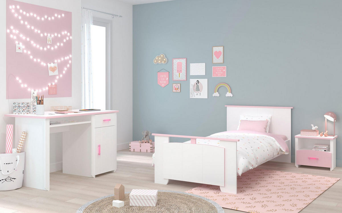 KINDERZIMMER Set 3-tlg Schreibtisch Nachttisch Bett 90 x 200 cm - Multicolor/Altrosa, Holz/Holzwerkstoff (160/79/200cm) - Parisot Meuble
