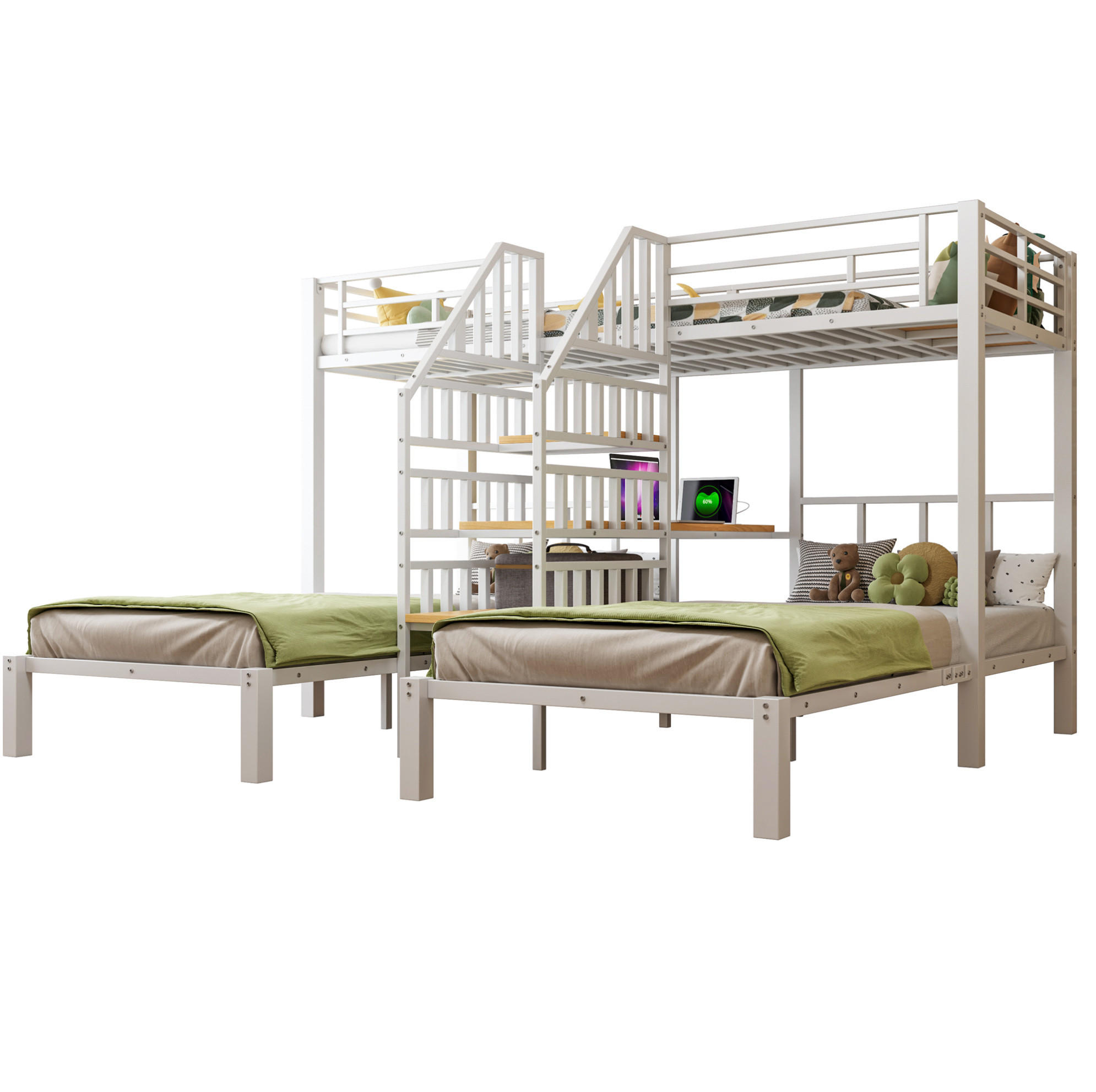 Modfu PATROVÁ postel z kovu a MDF 90x200 cm bílá se 3 lůžky, LED osvětlením, USB, zásuvkou a psacím stolem
