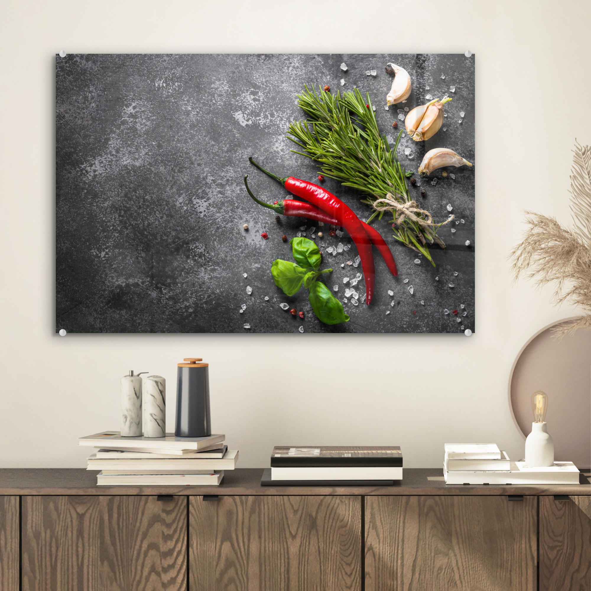 ACRYLGLASBILD Pfeffer - Kräuter - Gewürze - Beton 60x40 cm - Dunkelgrau, Glas (60/40cm) - MuchoWow