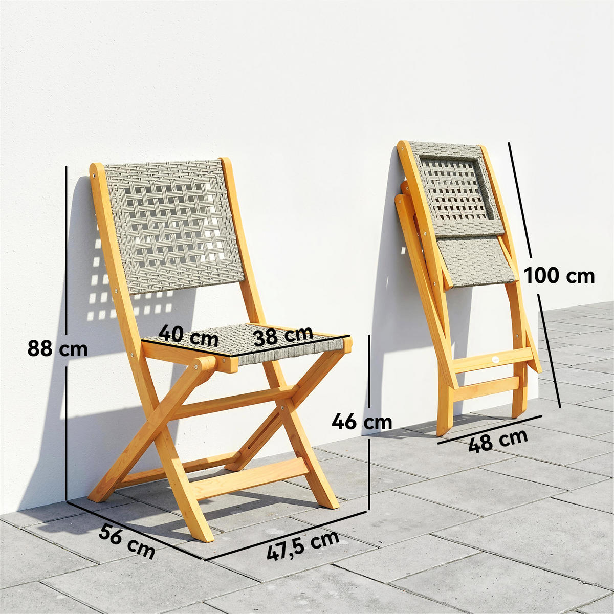 GARTENKLAPPSTUHL 2er Set Akazienholz PE-Rattan Grau - Grau/Akaziefarben, Holz (47.5/88/56cm) - Outsunny