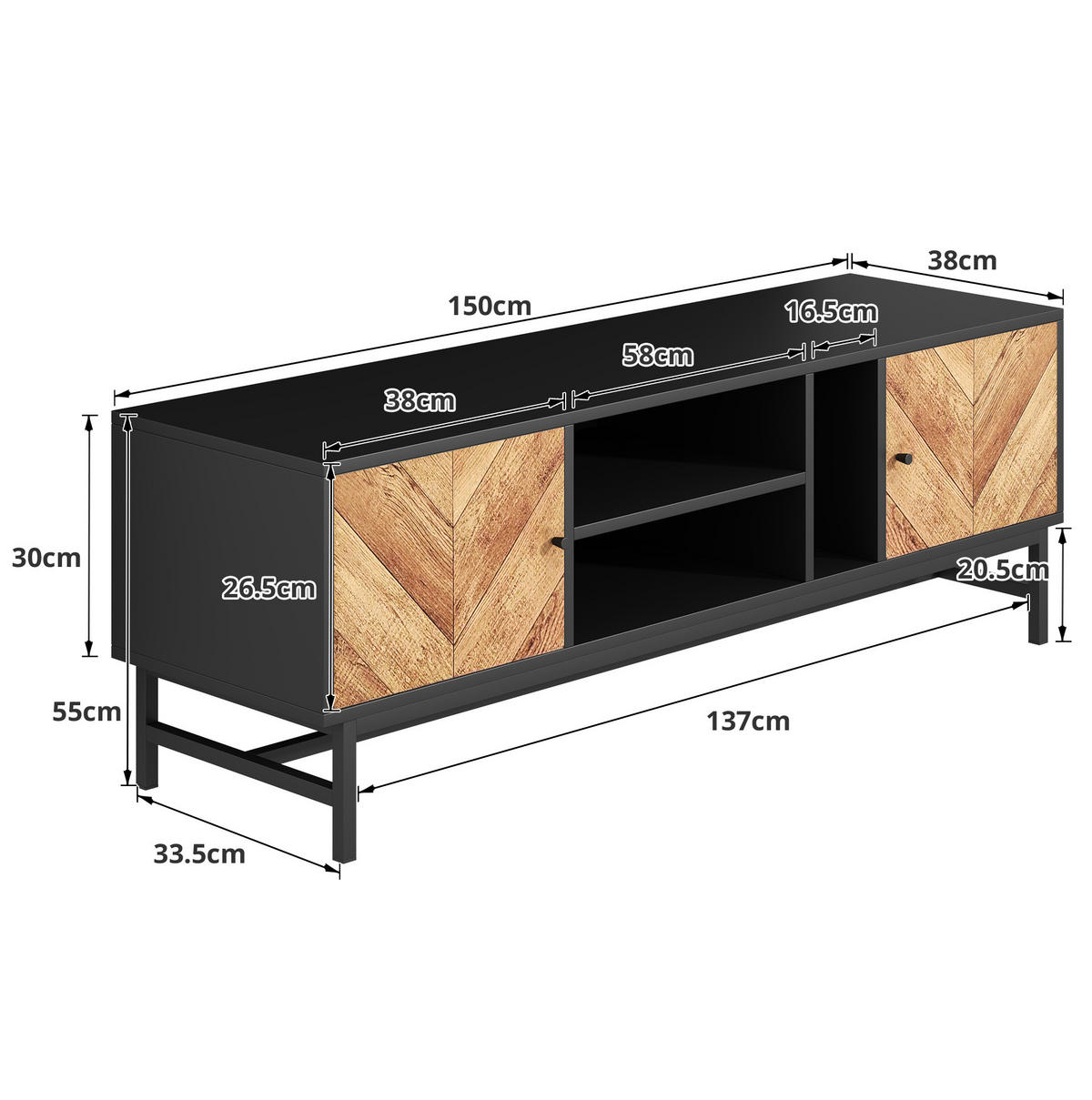LOWBOARD 150/38/55 cm in Schwarz und Holzoptik mit 2 Türen und 3 Fächern - Hellbraun, Holzwerkstoff (150/55/38cm) - Flora Grace