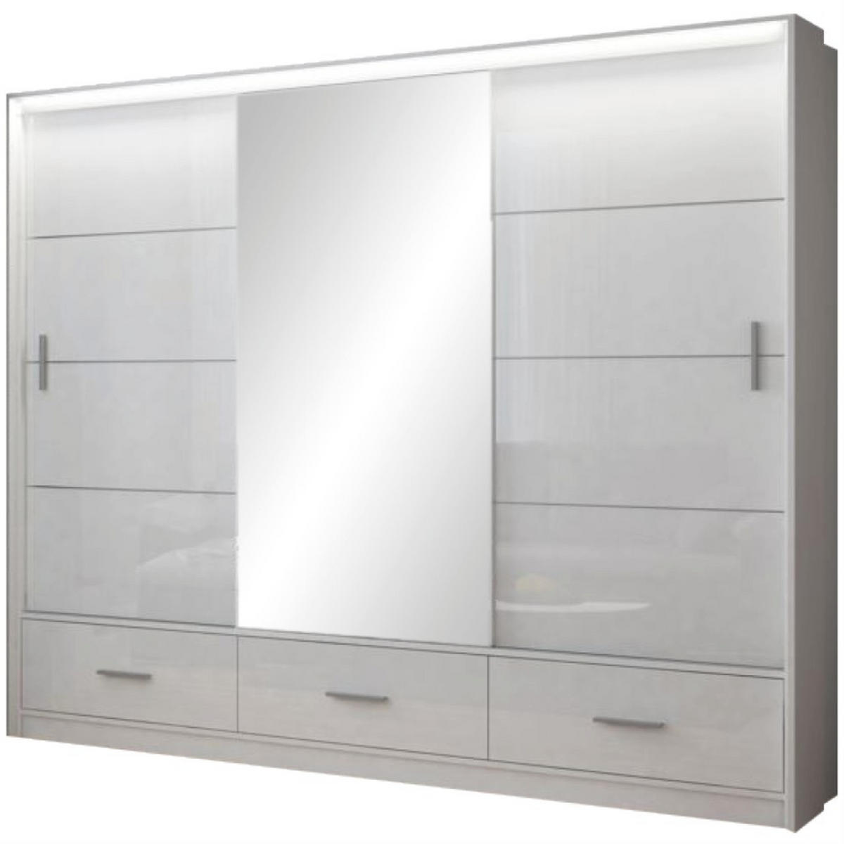 SCHWEBETÜRENSCHRANK Marsylia mit Spiegel und Schubladen, Weiß, 255 cm - Weiß Hochglanz/Weiß, Holzwerkstoff (255/225/61cm) - Beautysofa