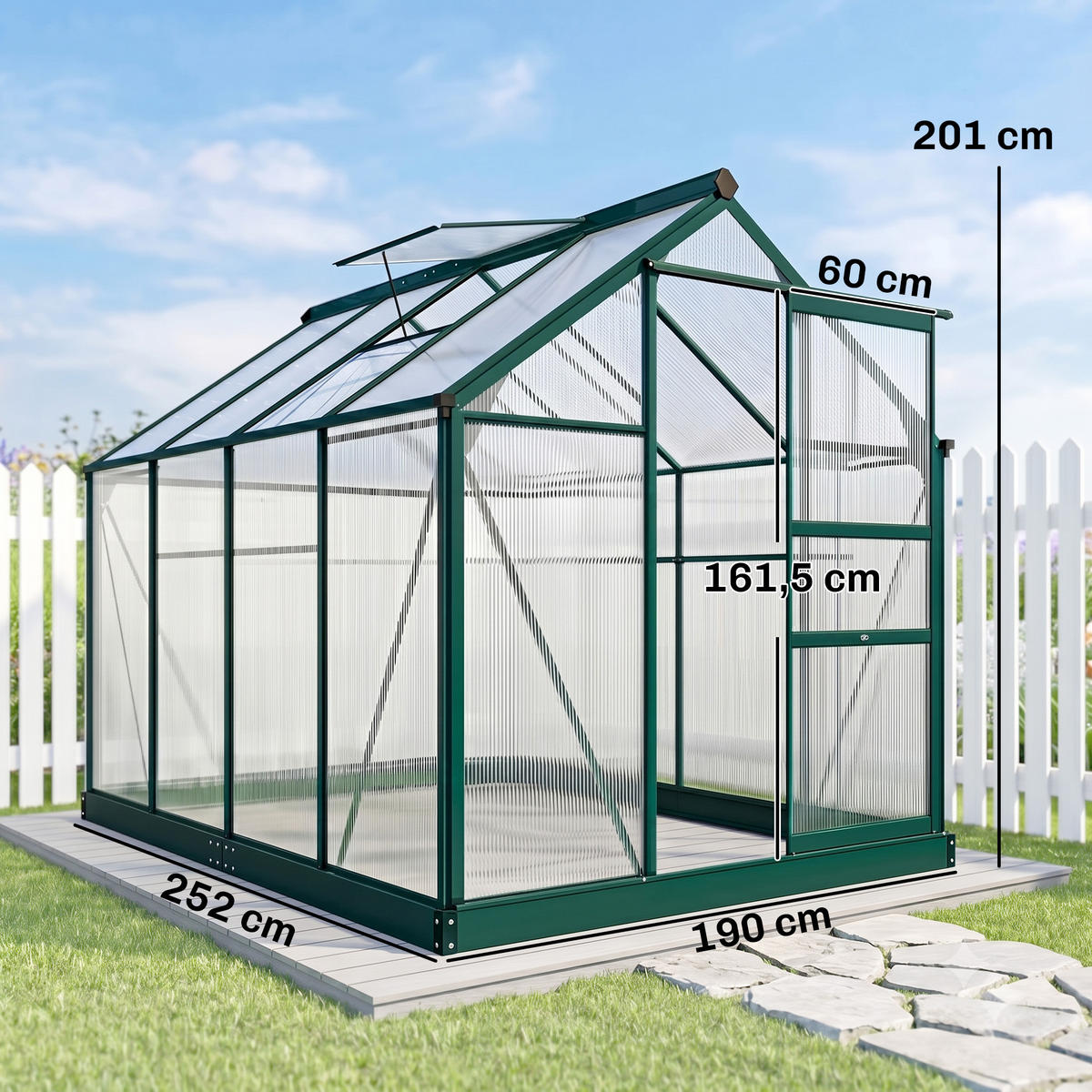 FOLIENGEWÄCHSHAUS, Grün+Transparent, Aluminiumlegierung, Polycarbonat - Grün, Metall (252/201/190cm) - Outsunny