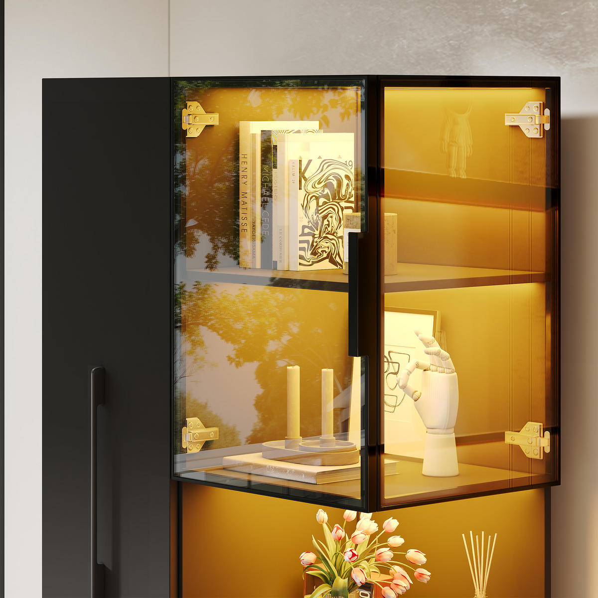 VITRINE LED Glasvitrine Ausziehregal Hochschrank 160cm Weiß - Schwarz, Glas (70/160/38cm) - FLIEKS