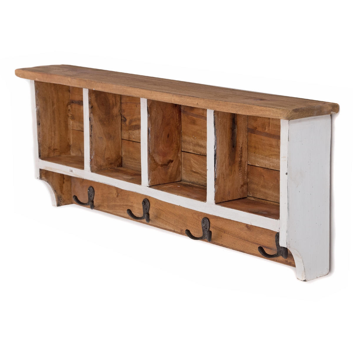 WANDGARDEROBE VINTAGE 70 Recyclingholz massiv, 4 Doppelhaken, 4 Fächer, Ablage 06 weiß-landhaus - Weiß, Holz (70/27/11cm) - DESIGN DELIGHTS