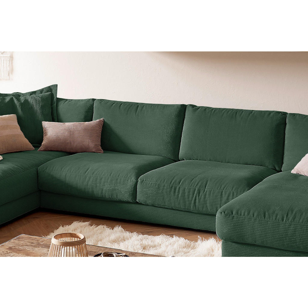 Thumbnail - Kawola Wohnlandschaft, Smaragdgrün, Textil, Echtholz, 4-Sitzer, Füllung: Komfortschaum, U-Form, 425x86x224 cm, Wohnzimme...