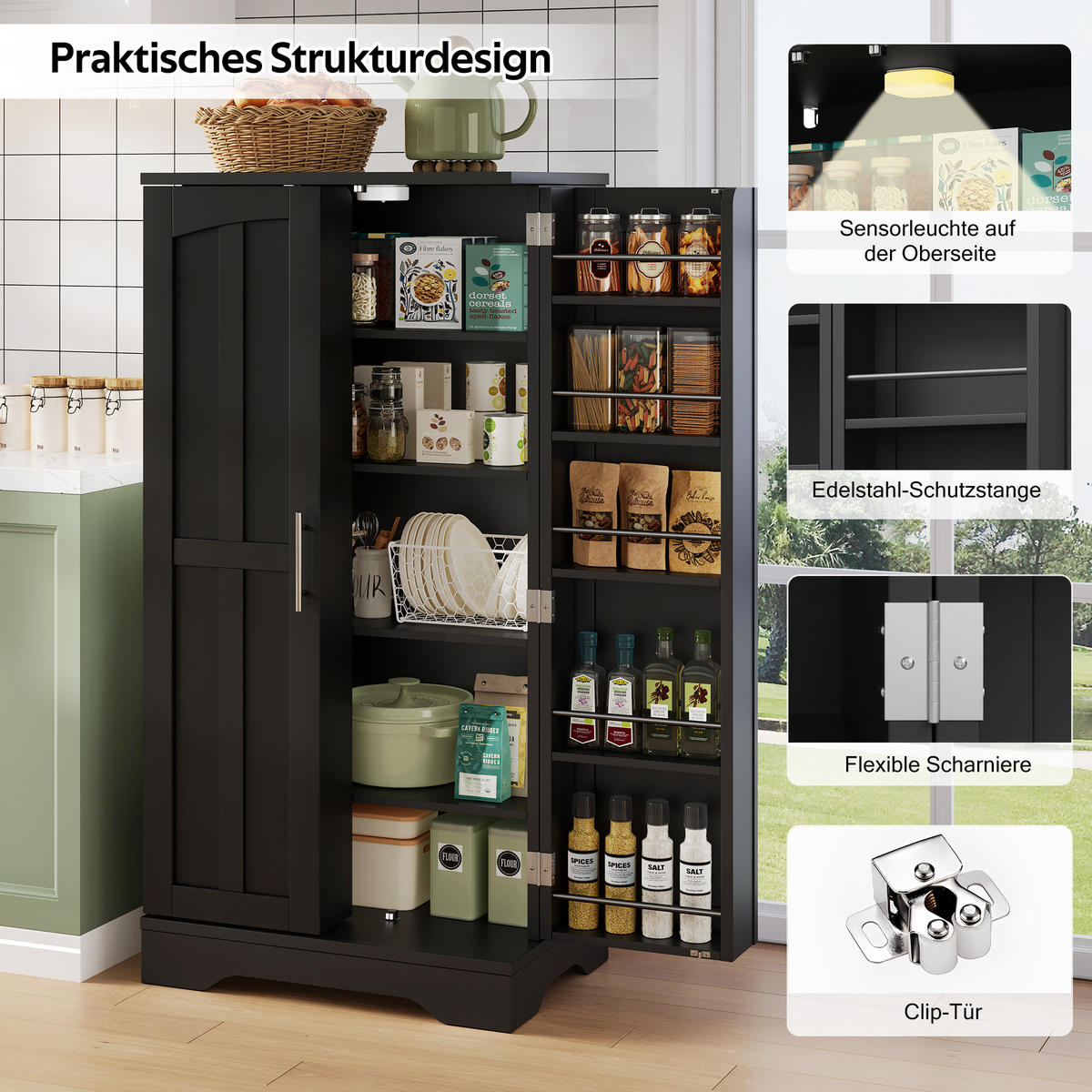 AUFBEWAHRUNGSSCHRANK 120x60x40cm Schwarz mit LED Licht & Wellentüren - Schwarz, Holzwerkstoff (40/120/60cm) - Modfu