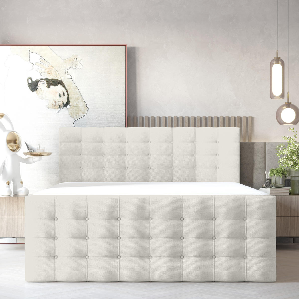 BOXSPRINGBETT Blend Creme 140/200 cm mit Matratze - Creme/Schwarz, Holz/Holzwerkstoff (140/200cm) - Maison de Reve