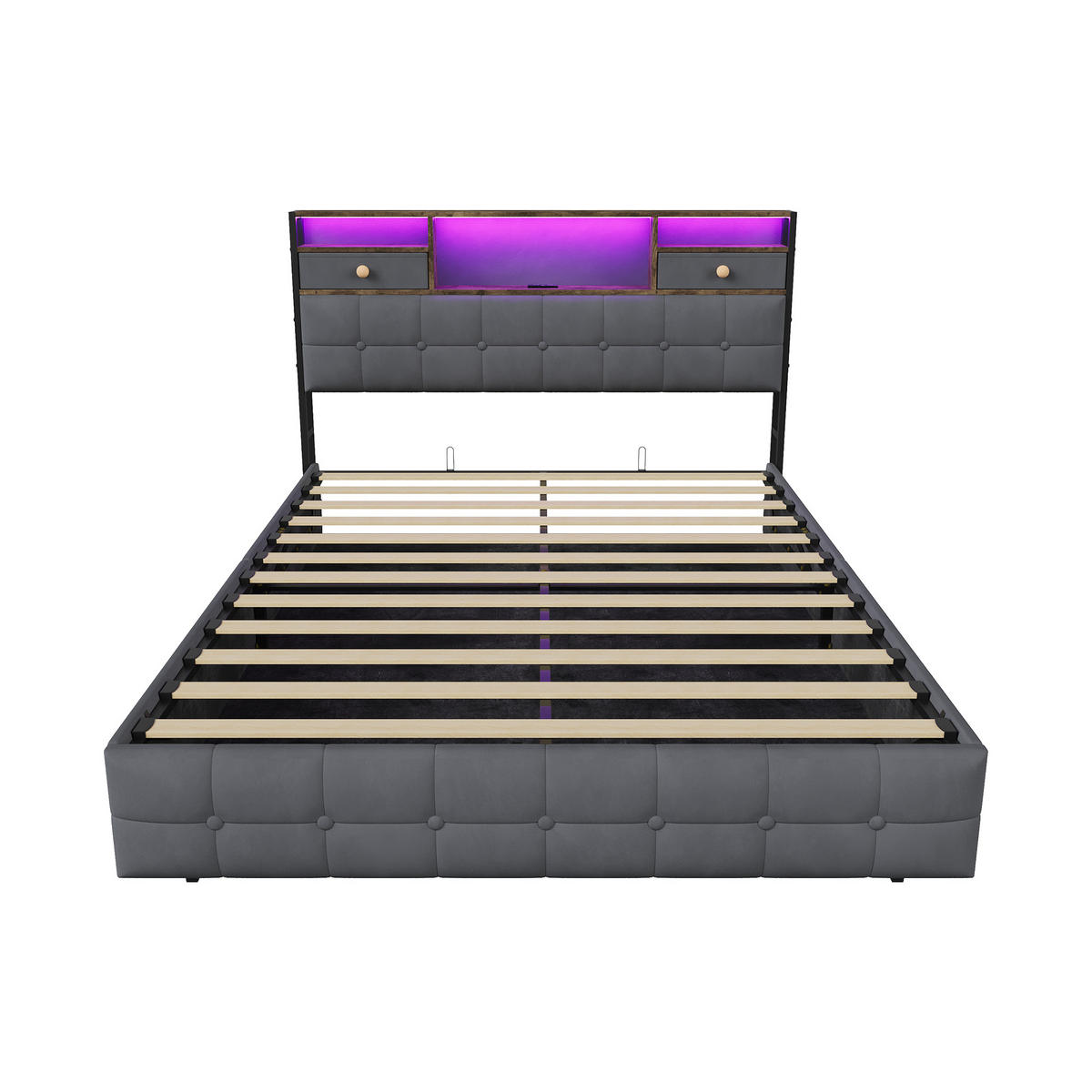 POLSTERBETT 140x200 cm Grau mit LED, USB und Type-C, Stauraumkopfteil & Bettkasten - Grau, Holz (140/200cm)