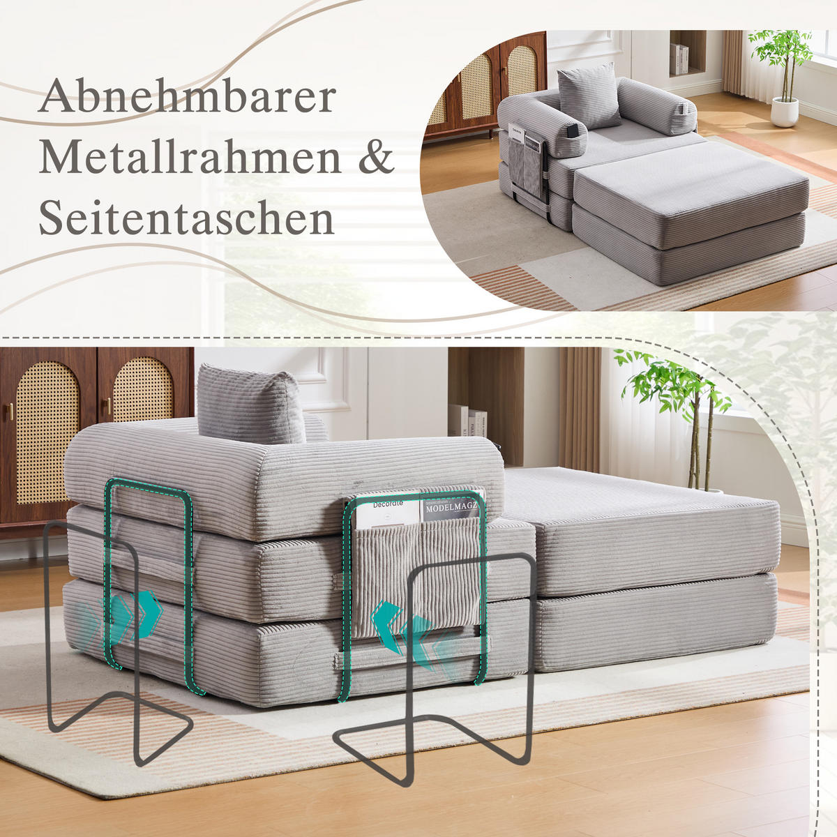 SOFA Cord Hellgrau mit Kissen und Hocker - Hellgrau, Textil/Metall (112/67/190cm) - WISHDOR