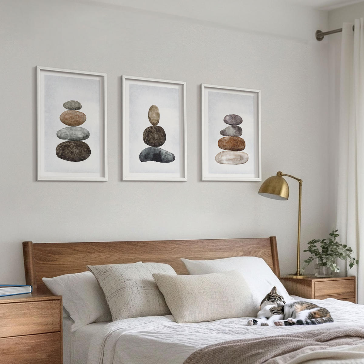 WANDBILDER 3er-Set - 40x60 cm Weißer Rahmen - Minimalistische Boho-Steine - Weiß, Kunststoff (40/60cm) - ArtPrintCave