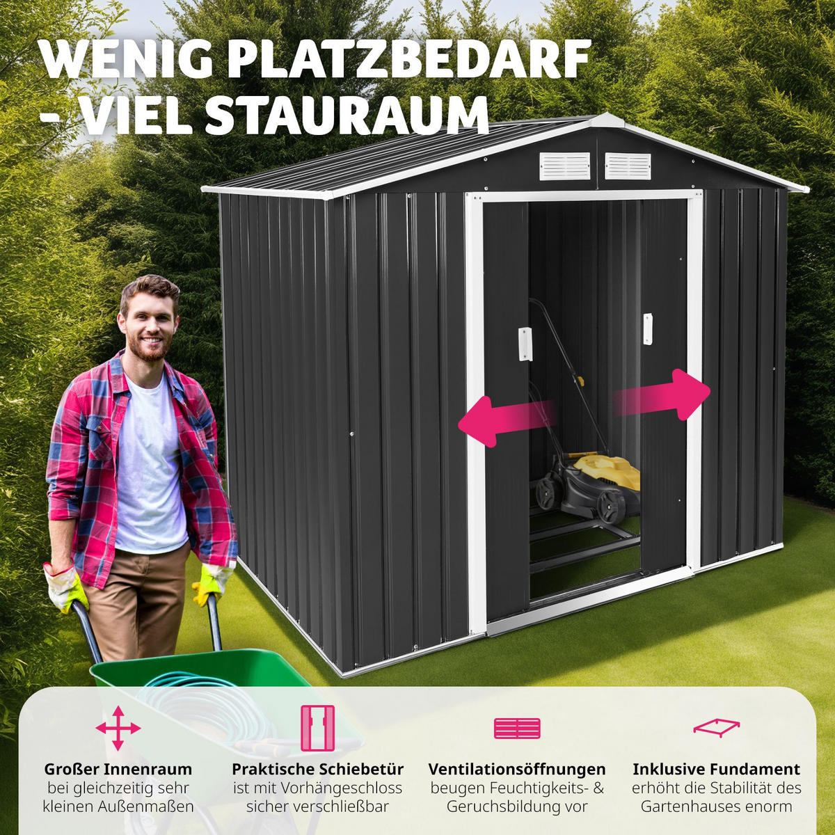 GARTENHAUS mit Satteldach, 214 x 130 x 185 cm,grau/weiß - Weiß/Grau, Metall (130/185/214cm) - tectake