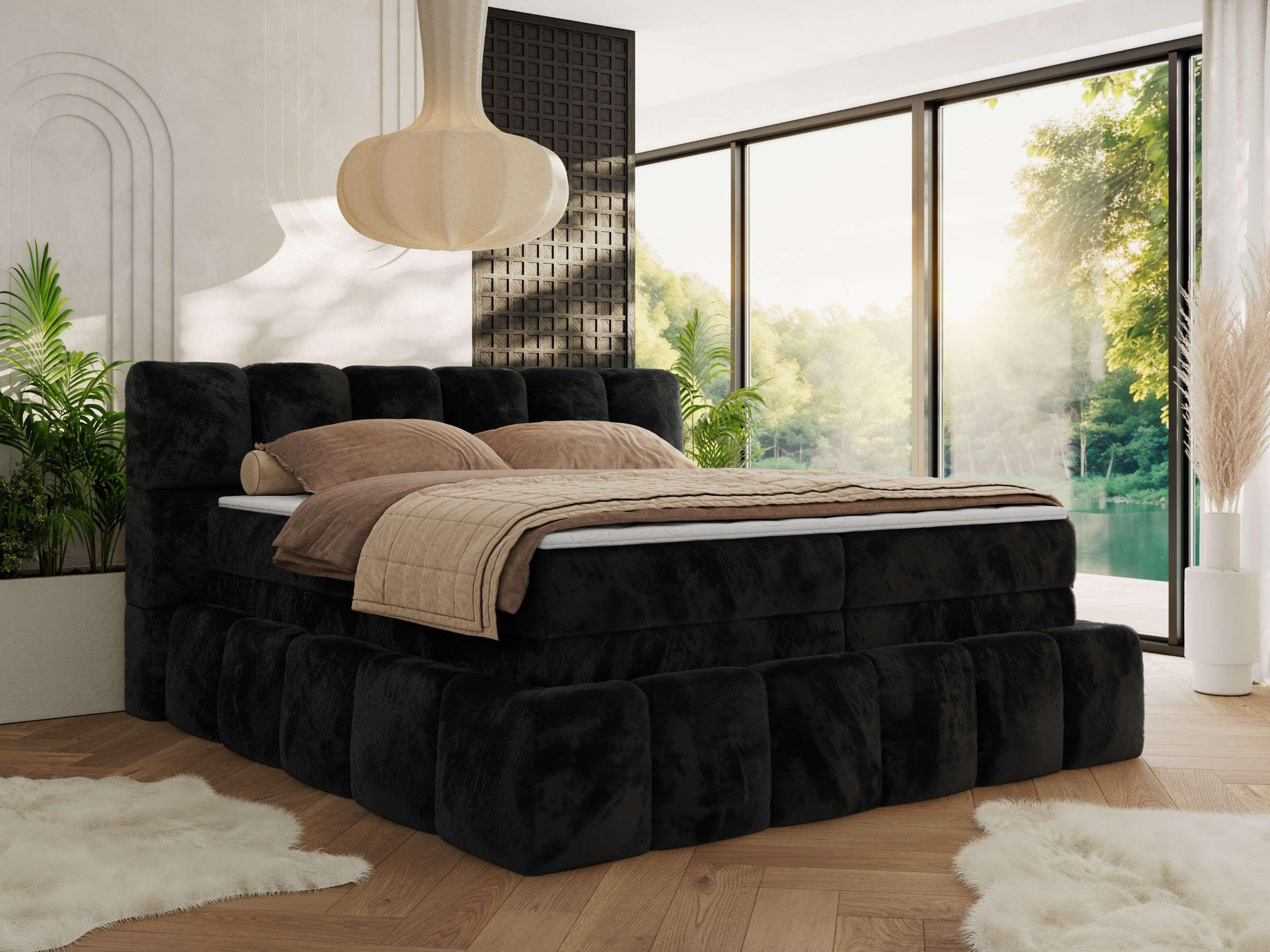 BOXSPRINGBETT NIRA KING 180/200 Schwarz Plüsch - H4 - Schwarz, Holz/Textil (180/200cm) - MKS