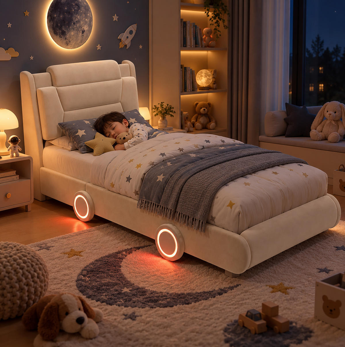 KINDER-POLSTERBETT aus Flanell 90x200 cm Beige im Auto-Design mit Lichtleisten - Beige, Textil (90/200cm) - Modfu