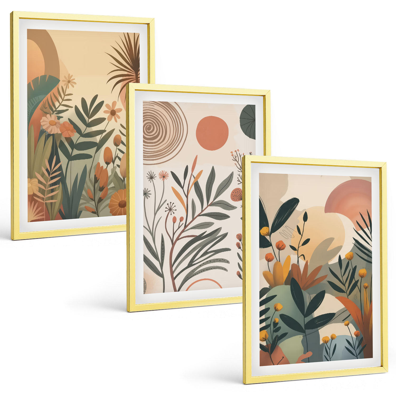 BILDER SET 3er Set - 40x60 cm Goldrahmen - Pflanzenmotive in gedeckten Farben - Goldfarben, Kunststoff (40/60cm) - TULUP