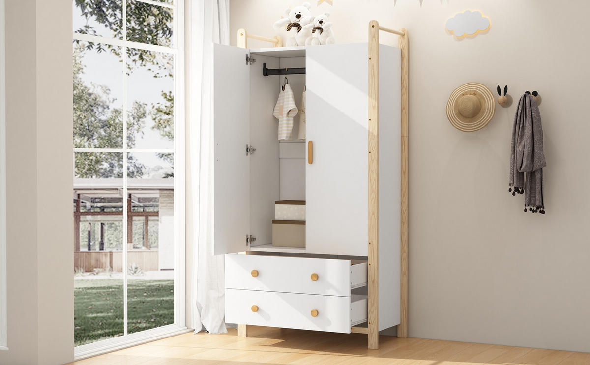 BUFFET 2-türiger Kleiderschrank mit Kleiderstange und 2 Schubladen Weiß Kiefernholz 90/45/180 Spanplatte - Weiß, Holzwerkstoff/Metall (90/180/44cm) - EVRYAE