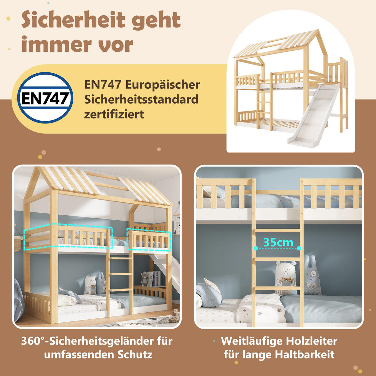 ETAGENBETT 90/200 cm Naturholz + Weiß mit Rutsche und Regalen - Naturfarben, Holz (90/200cm) - Oxeza