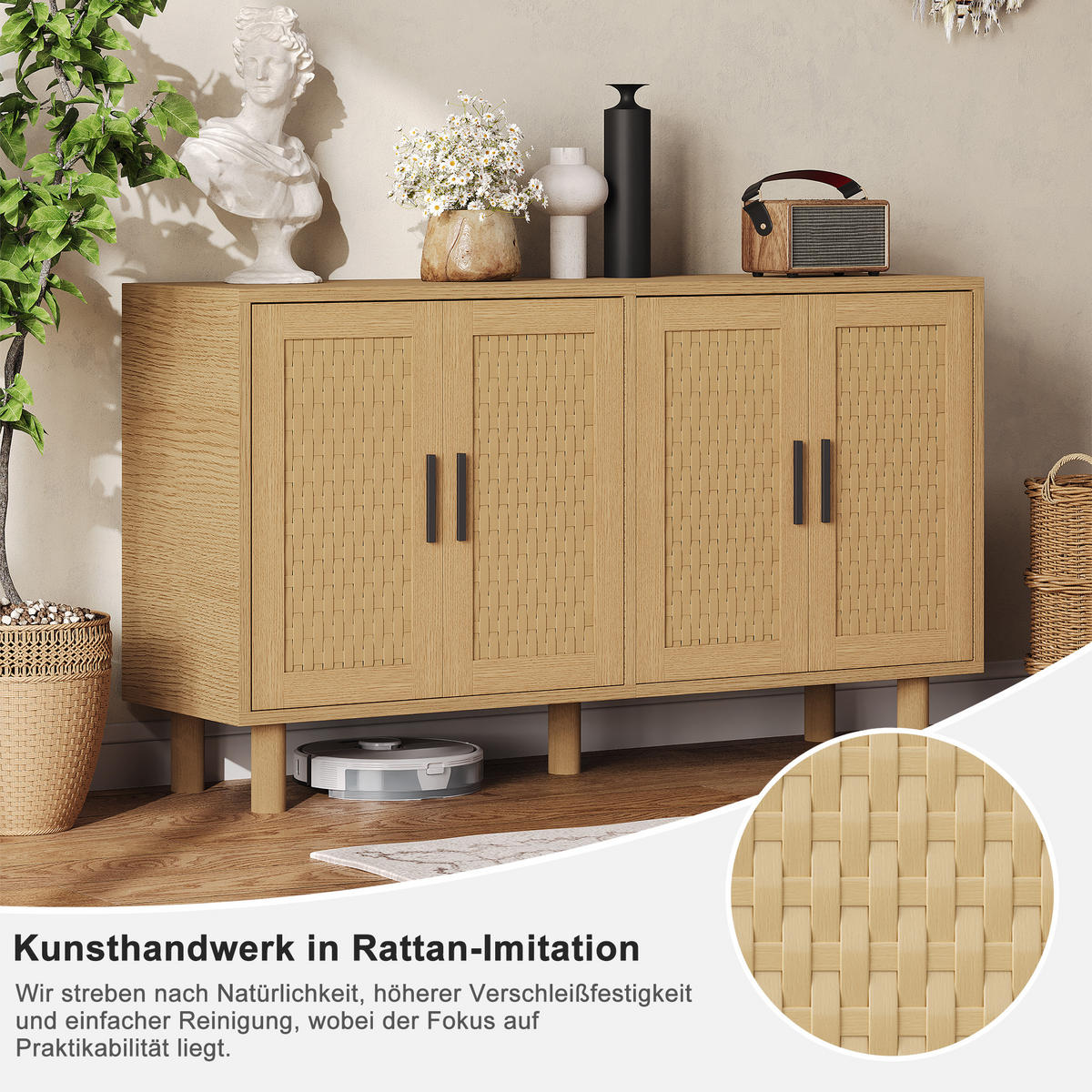SIDEBOARD Rattanschrank mit 4 Türen, Wohnzimmerschrank Stauraum, 80/140/80 cm - Naturfarben, Holz/Metall (40/80/140cm) - PARAFTA HOME