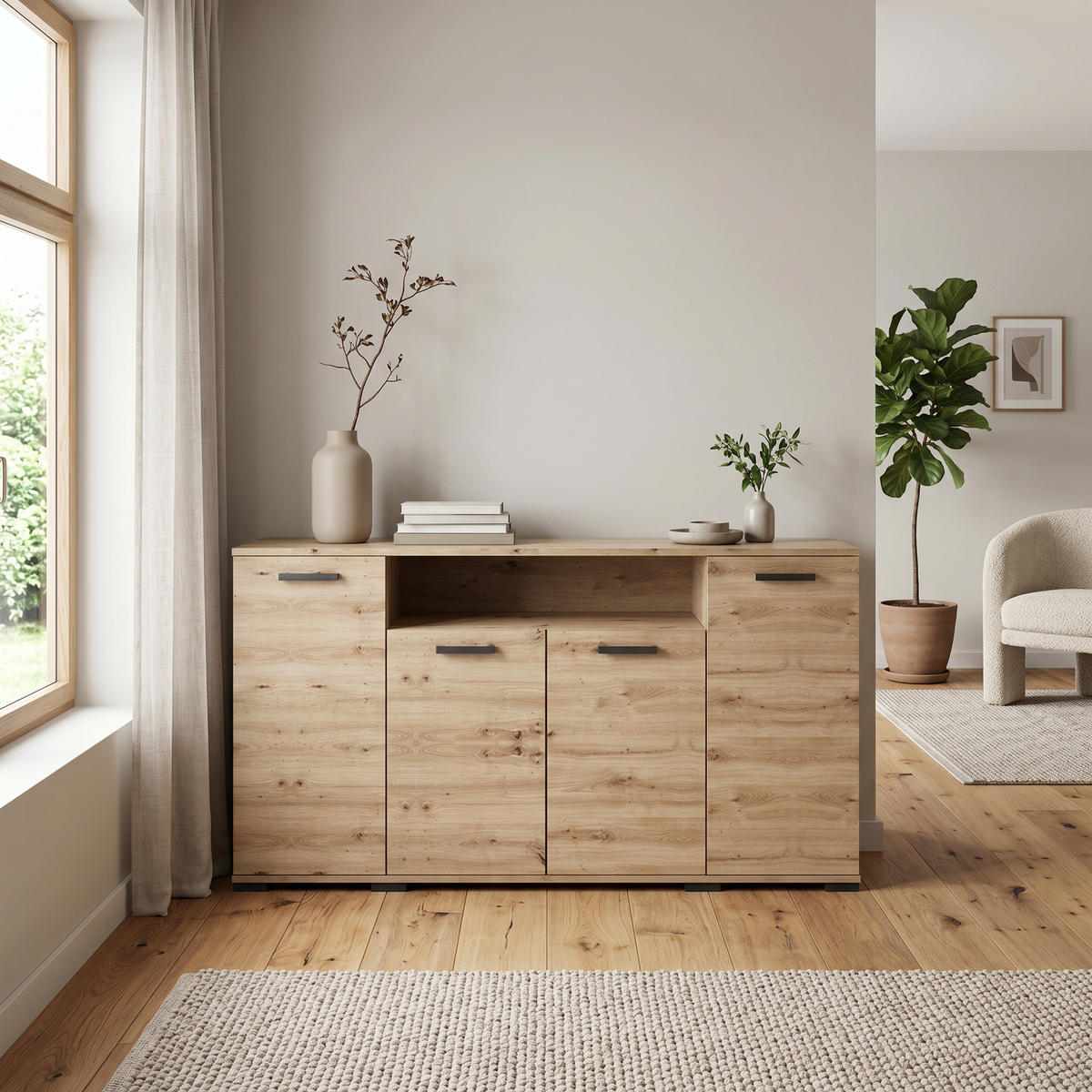 KOMMODE ALBANO 160/83/40cm mit 4 Schubladen Türen Eiche Artisan - Eiche Artisan, Holzwerkstoff (160/83/40cm) - MASSENO
