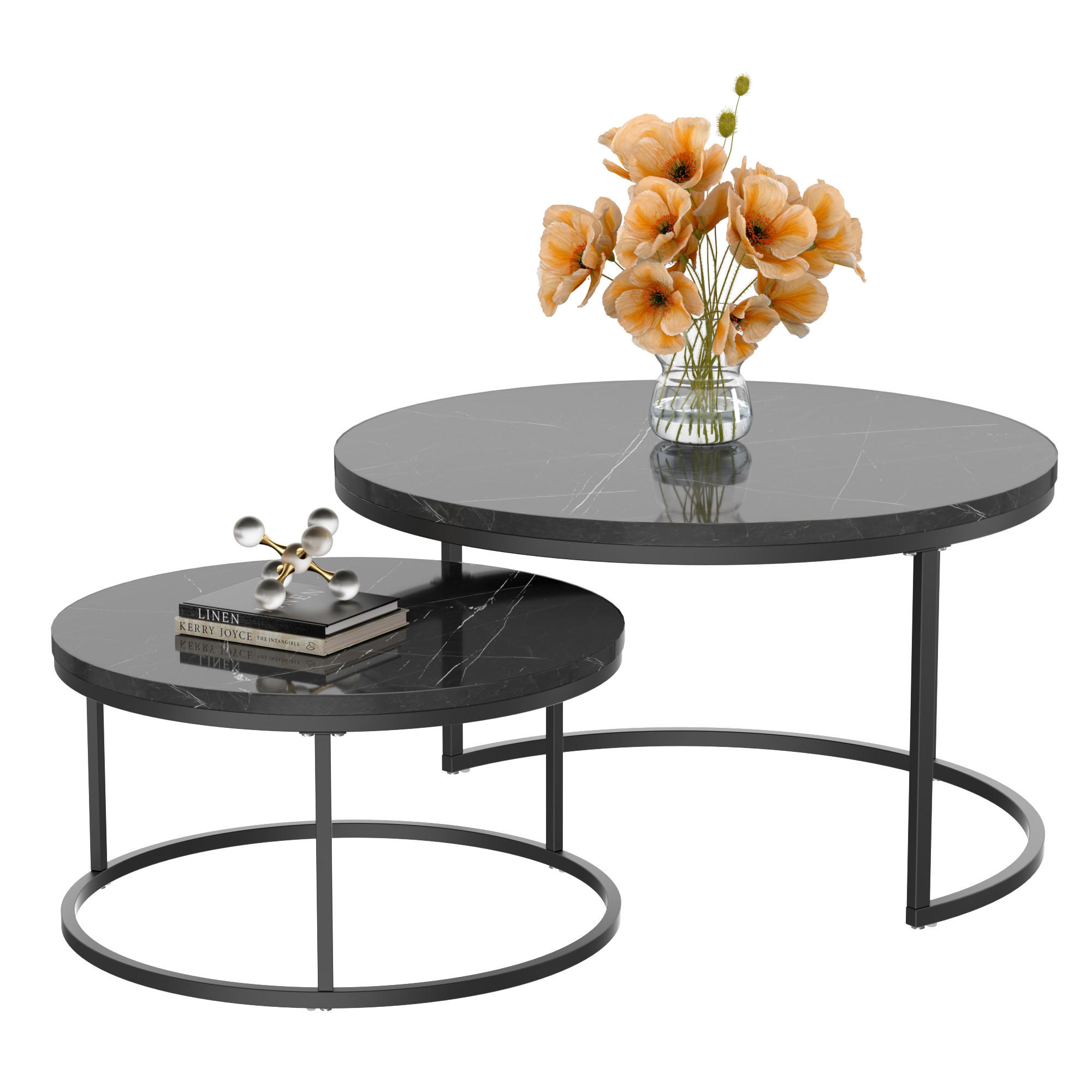 OKWISH KULATÁ sada dvou konferenčních stolků černá s pevným železným rámem a deskou MDF 80/80/45 + 60/60/33,5 cm