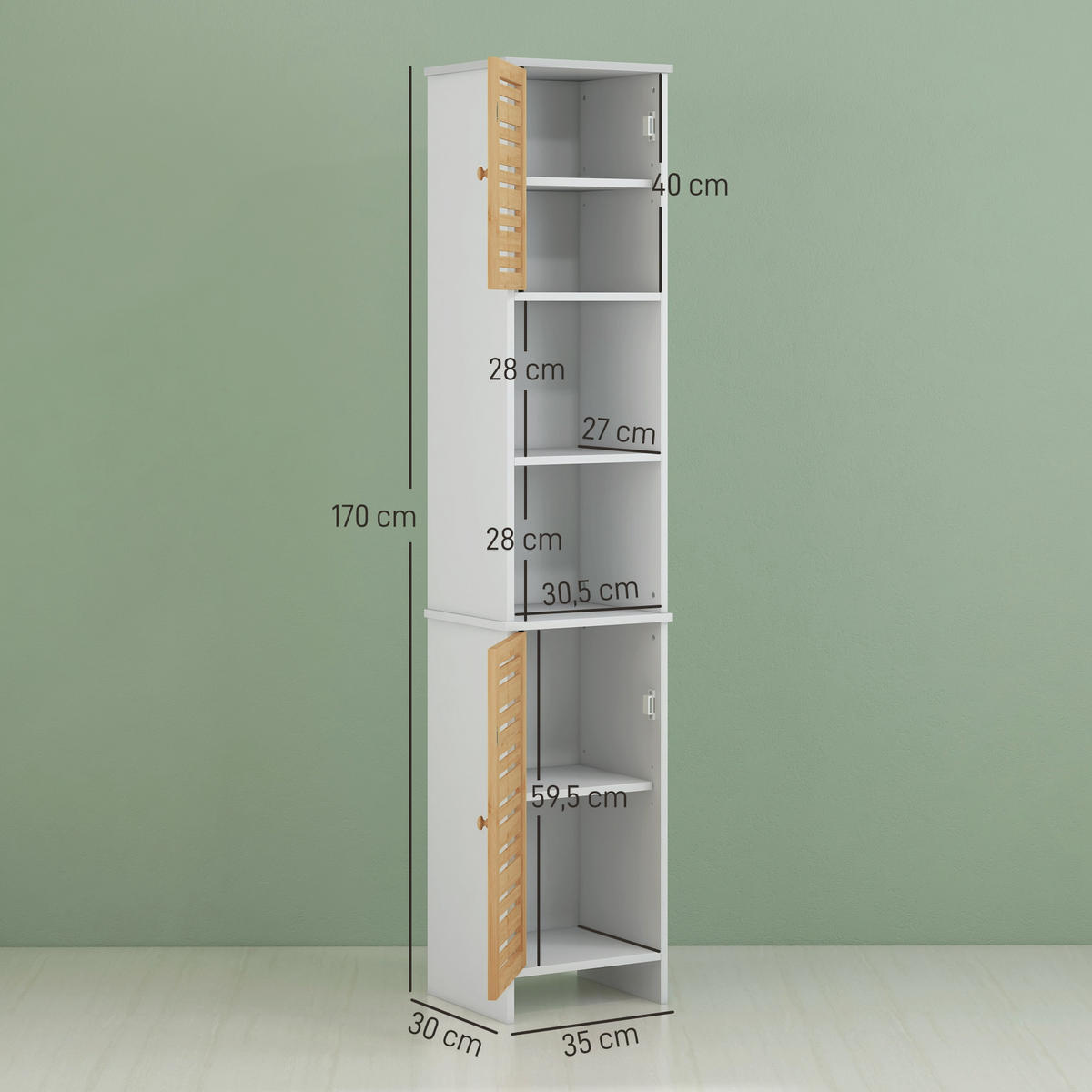 HOCHSCHRANK DE-12420 35/30/170 cm Bambus / Grau - Weiß, Holzwerkstoff (30/170/35cm) - ComfortXL