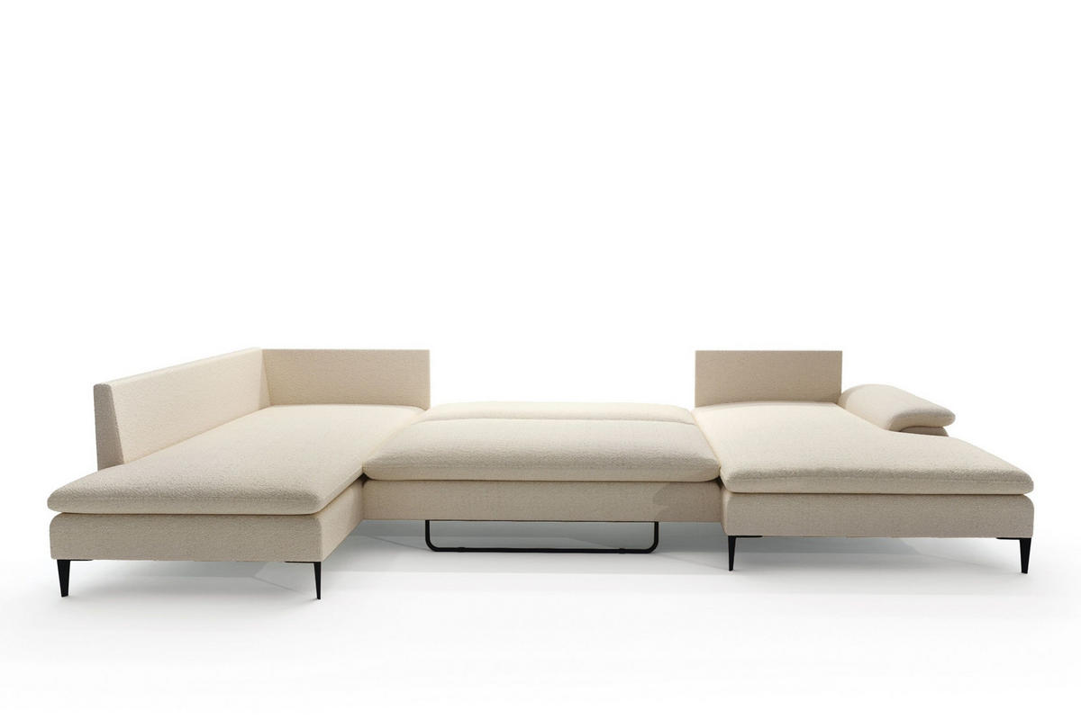 WOHNLANDSCHAFT BREZZA Beige Plüsch-Stoff mit Schlaffunktion - Beige, Holz (350/87/205cm) - MASSENO