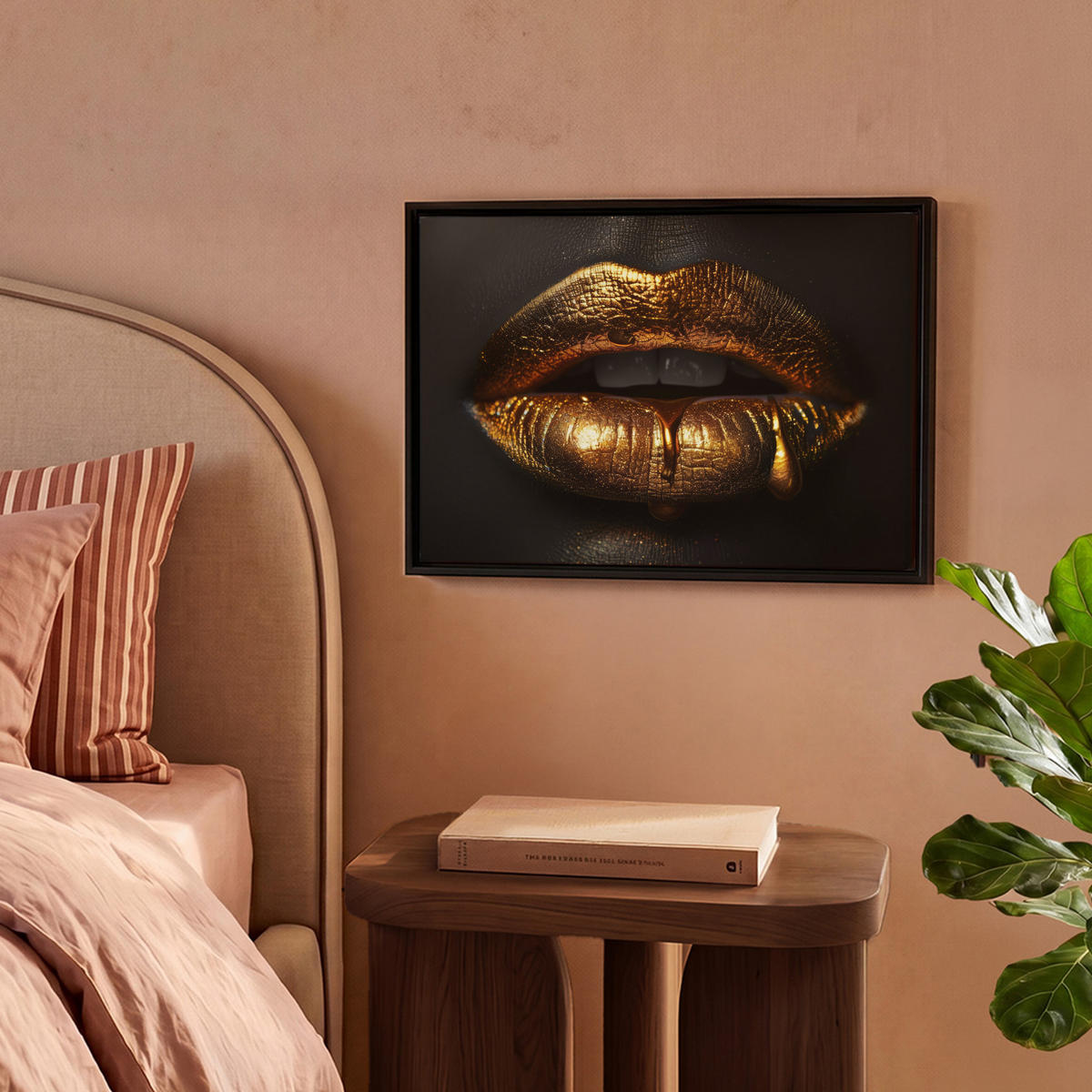 LEINWAND Bilder mit Rahmen - Frau - Porträt - Lippen - Gold - Schwarz - 40x30 - Schwarz, Textil (40/30cm) - MuchoWow