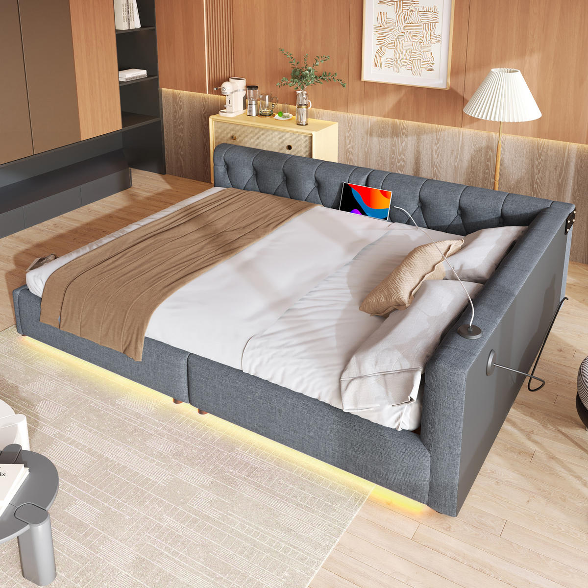 SCHLAFSOFA 140x200cm Grau Leinen LED-Licht Kopfteil USB-C - Grau, Holz (140/200cm) - FLIEKS