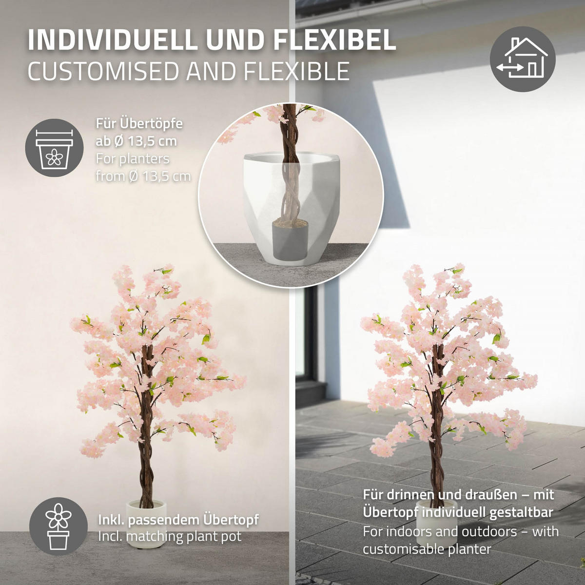 KÜNSTLICHER KIRSCHBLÜTENBAUM 120 cm Rosa mit Naturholzstamm - Pink/Schwarz, Kunststoff/Textil (120cm) - ML-DESIGN