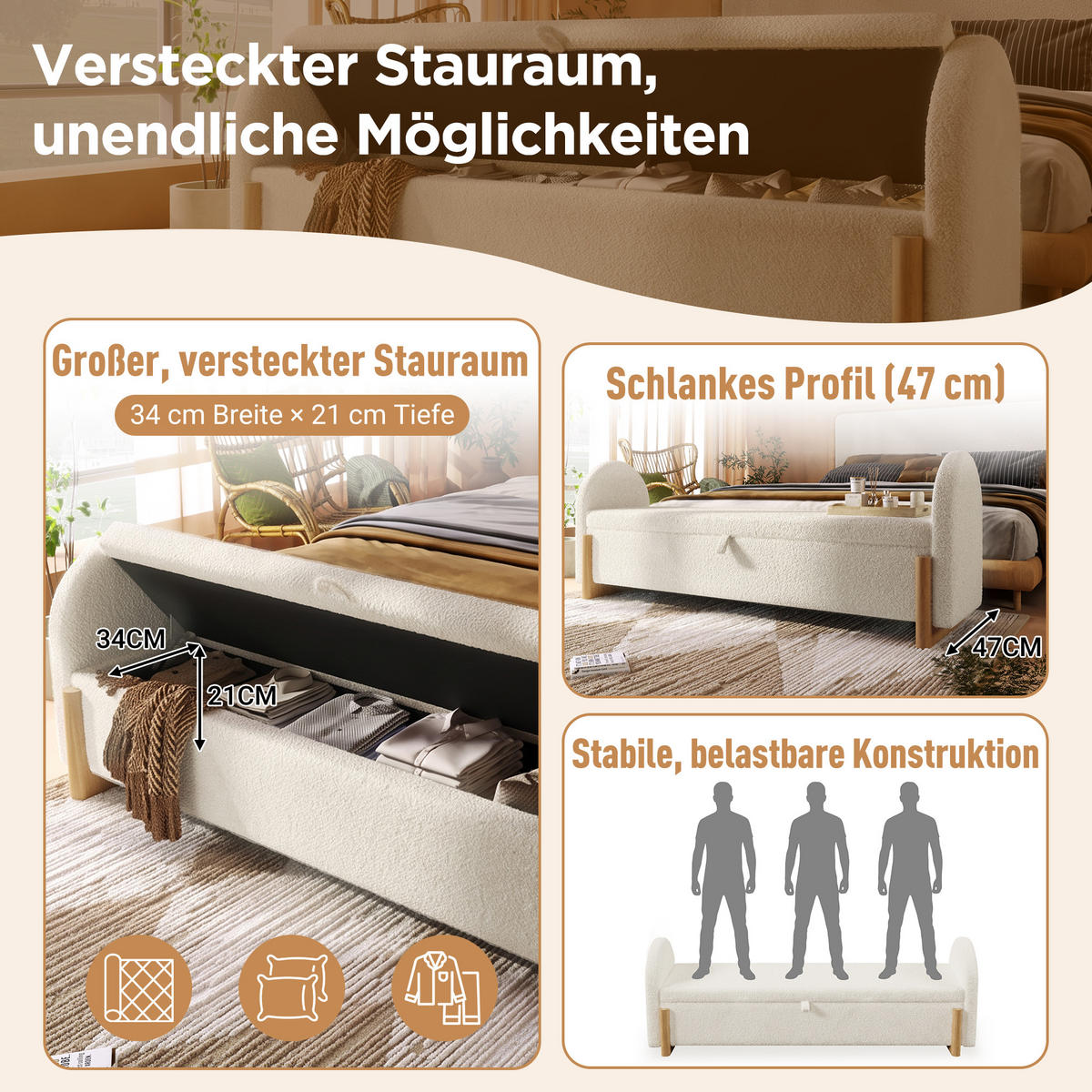 BETTBANK 106x47x61 cm Weiß mit Stauraum - Weiß, Holz (106/61/47cm) - FLIEKS