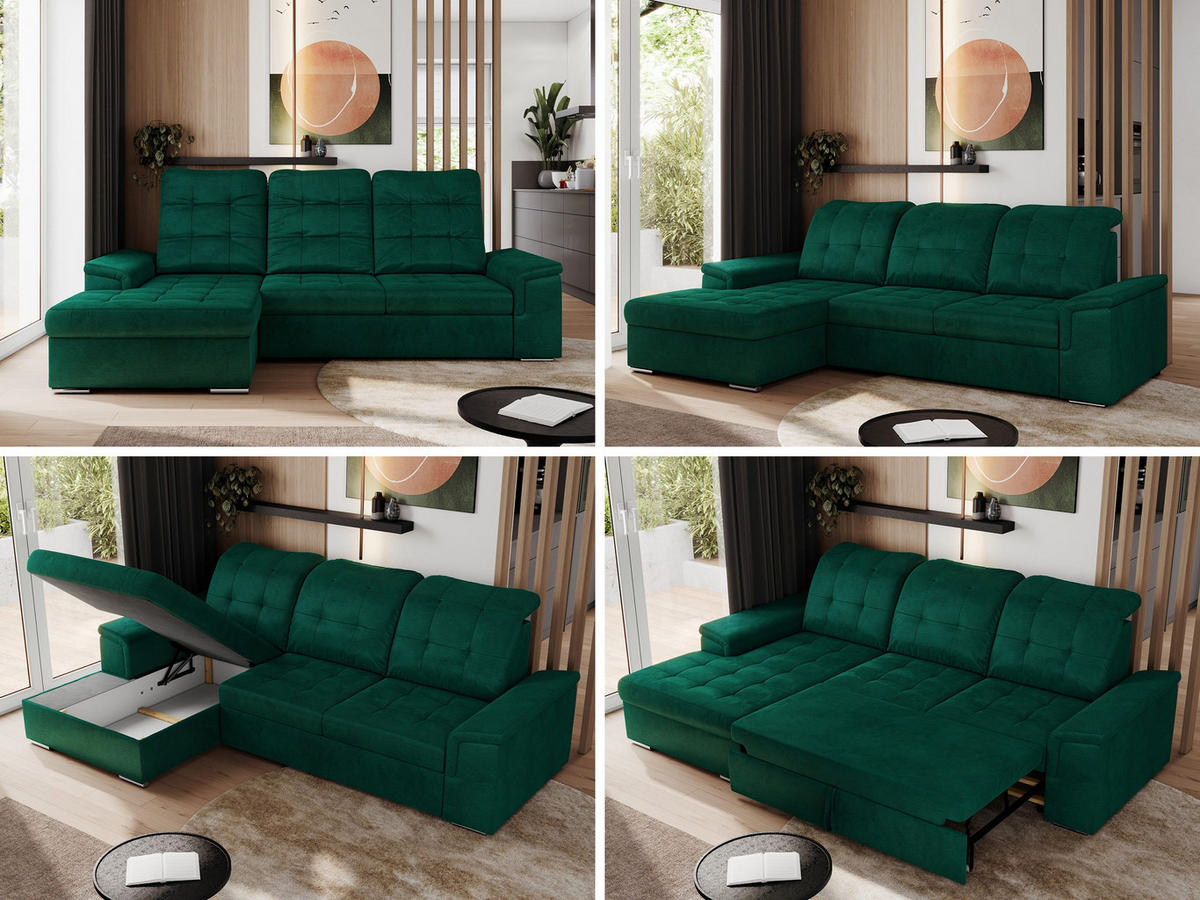 ECKSOFA MADRITO L - DunkelGrün Velorus - Links - Dunkelgrün/Silberfarben, Textil/Metall (160/256cm)