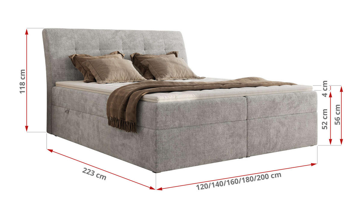 BOXBETT DAGOS 160/200 - Hellgrau Schenille grob gewebt - H3 - Topper T25 - Hellgrau, Textil (160/200cm) - MKS