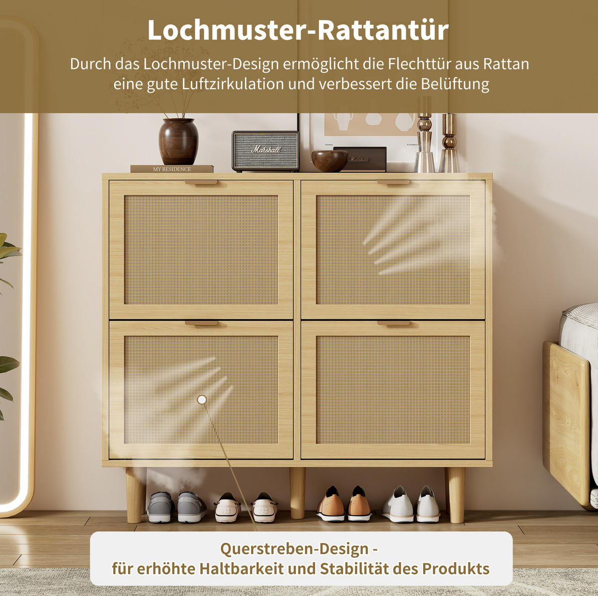 SCHUHSCHRANK 100/90/25 cm Eichefarben aus Spanplatte mit Rattangeflecht - Naturfarben, Holzwerkstoff (100/90/25cm) - OKMYHOME