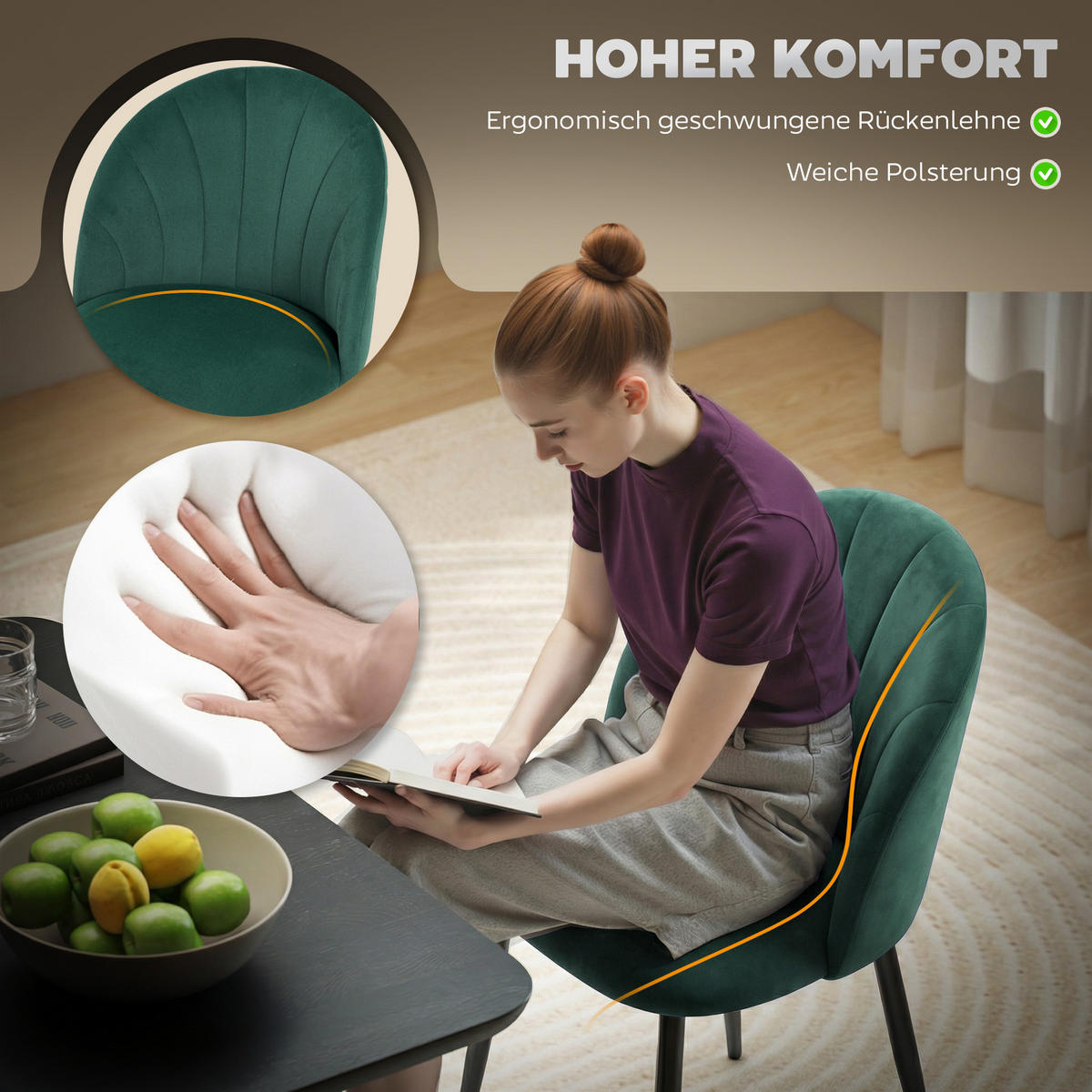 ESSZIMMERSTÜHLE 2ER-SET Dunkelgrün - Dunkelgrün/Schwarz, Textil/Metall (52/79/55cm) - HOMCOM