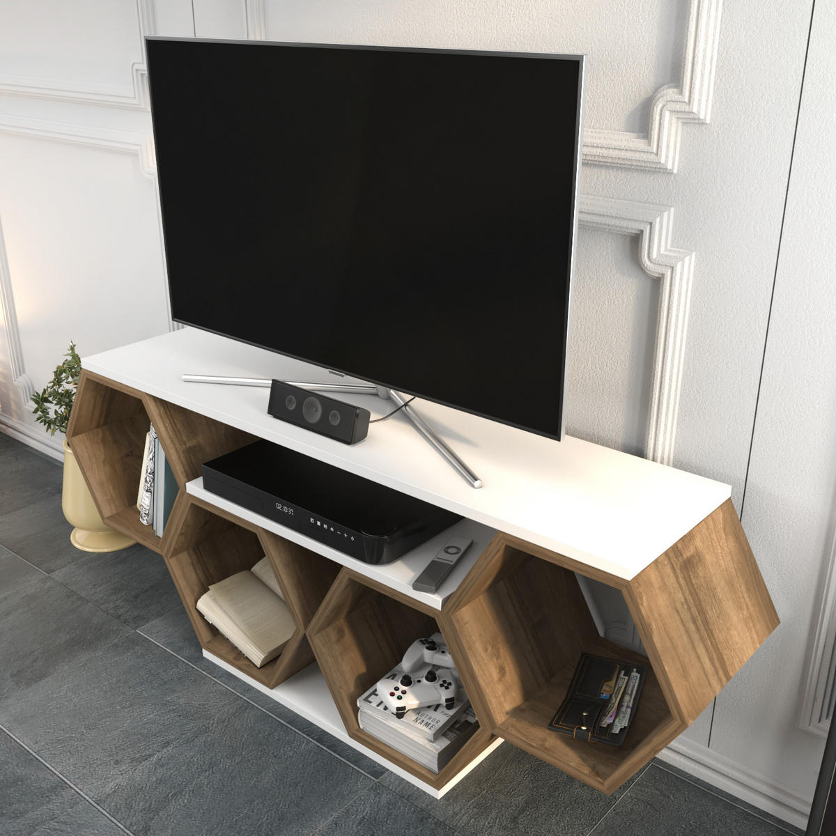 TV-ELEMENT Honig Weiß Walnuss - Walnussfarben/Weiß, Holzwerkstoff (140/55.5/29.6cm) - Decorotika