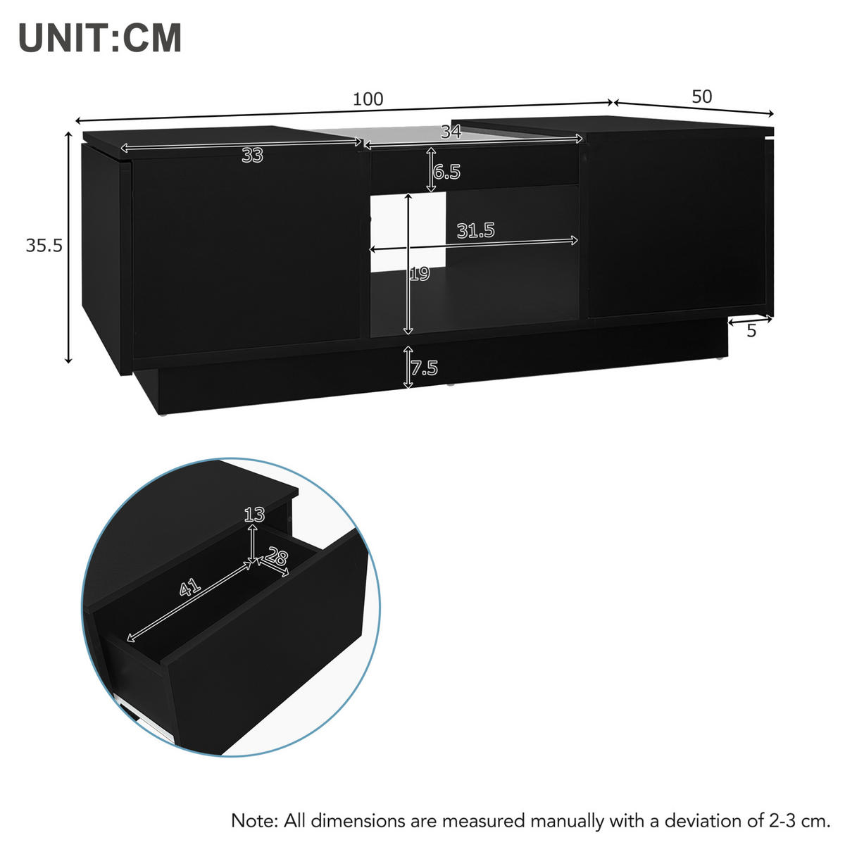 COUCHTISCH aus Spanplatte 100x50x35,5 cm Schwarz mit LED-Beleuchtung, App-Steuerung und 2 Schubladen - Schwarz, Holzwerkstoff (100/50/35.5cm) - Modfu