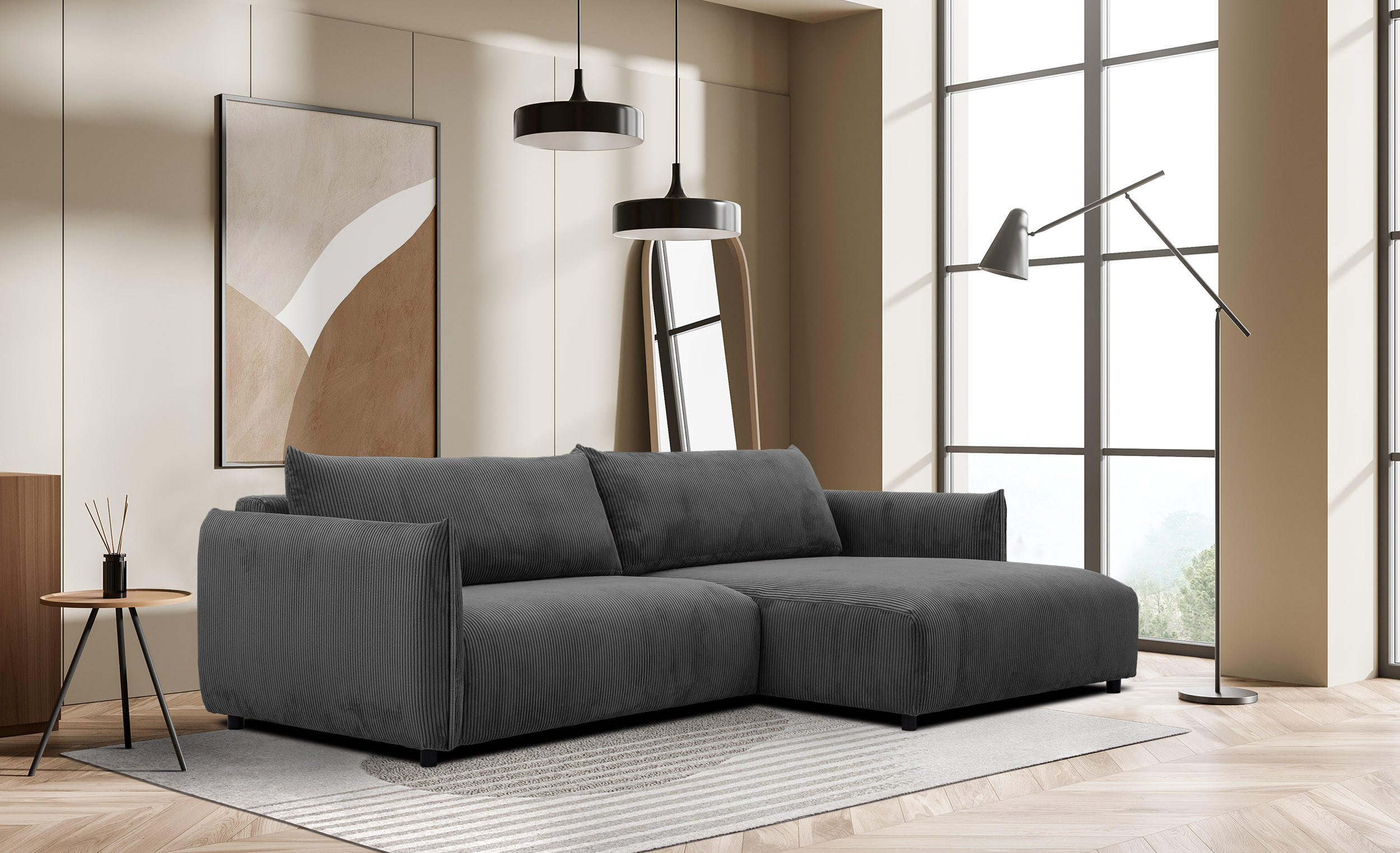 ECKSOFA TAUER 5-Sitzer, dunkelgrau - Dunkelgrau/Schwarz, Holzwerkstoff/Kunststoff (292/174cm) - Courtois Laville