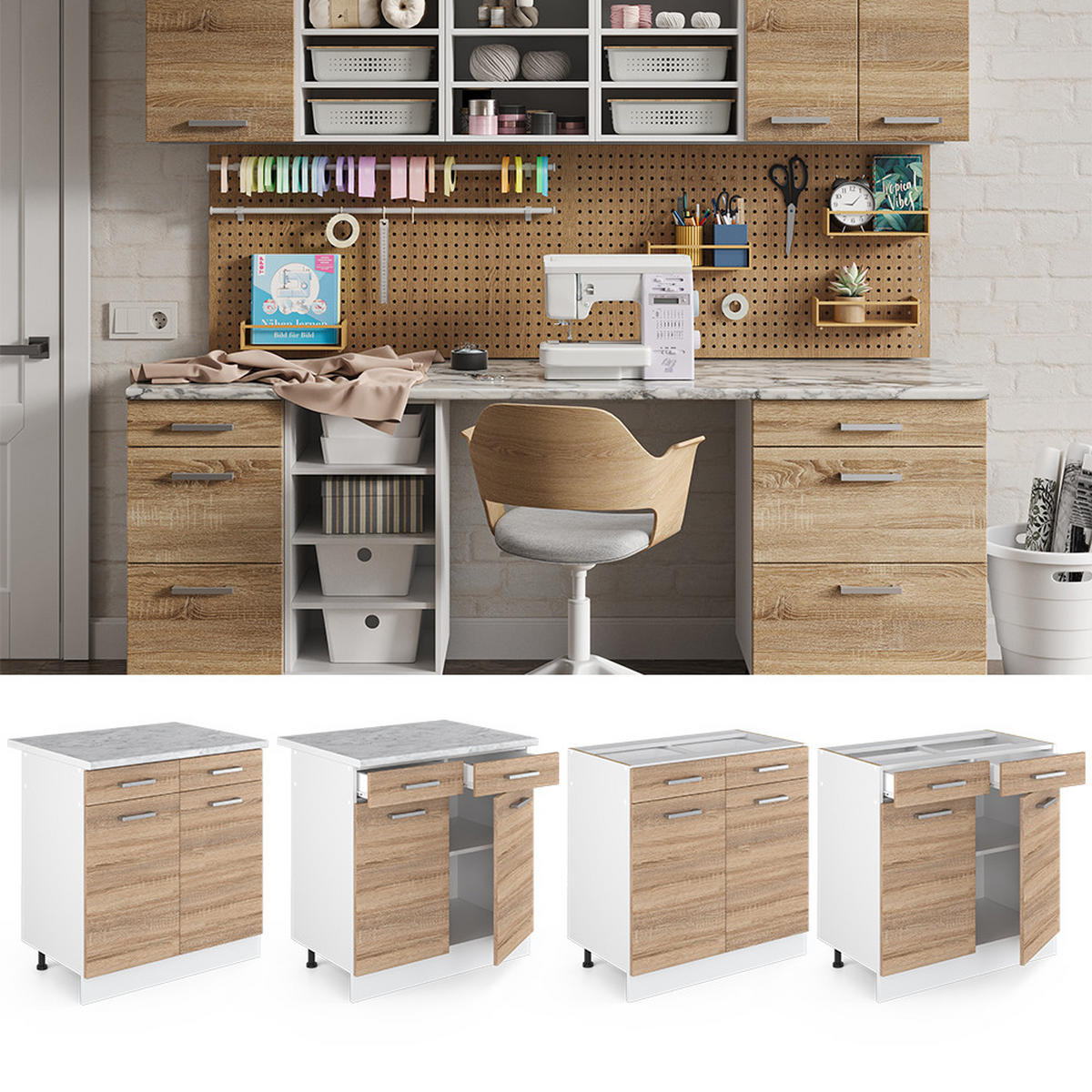 UNTERSCHRANK R-Line Sonoma 80 cm mit Schubladen und Türen mit Arbeitsplatte - Weiß/Sonoma Eiche, Holzwerkstoff (80/81.6/60cm) - Vicco